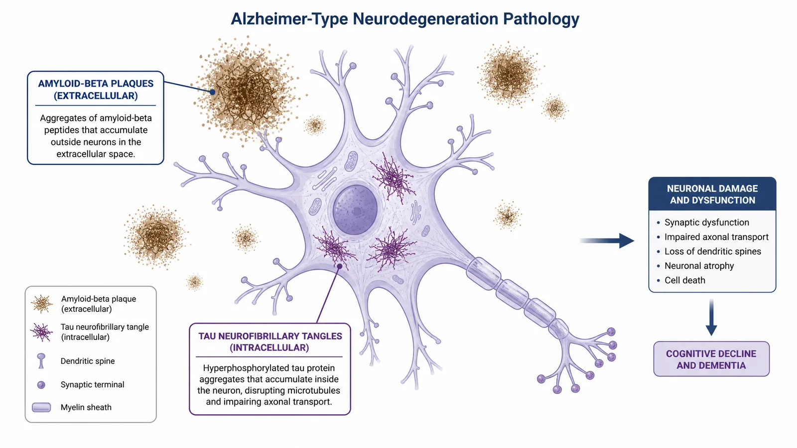 SfN Neuroscience 2026 neurodegeneration pathology figure for a neuroscience poster/slide: amyloid-beta plaque aggregation and tau neurofibrillary tangles with correctly labeled pathological proteins (Figure generated with SciFig)