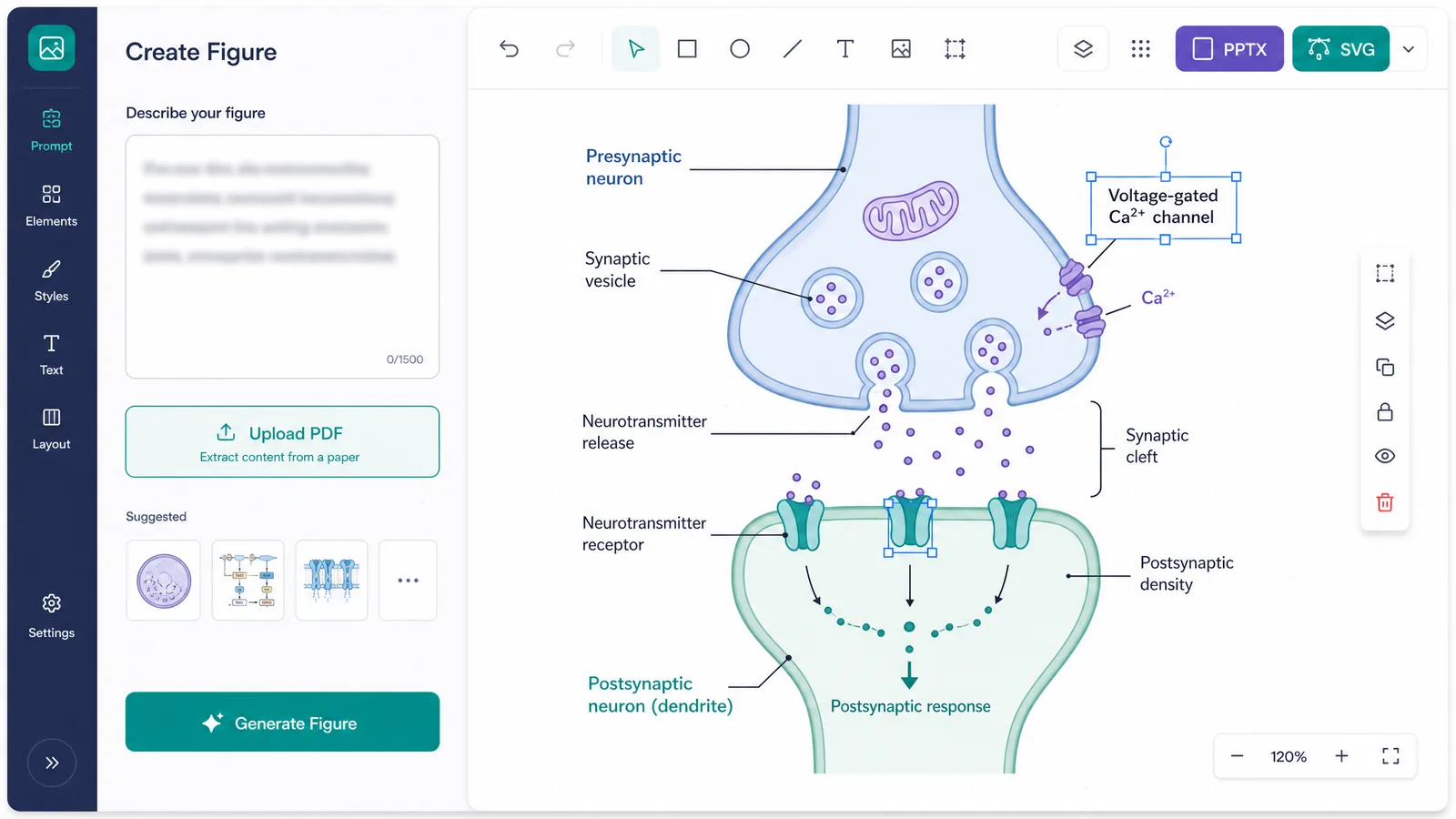 SfN Neuroscience 2026 poster figure workflow in SciFig: neuroscience mechanism prompt on the left, editable SVG diagram on the right with PPTX and SVG export for your poster or nanosymposium slides (Figure generated with SciFig)