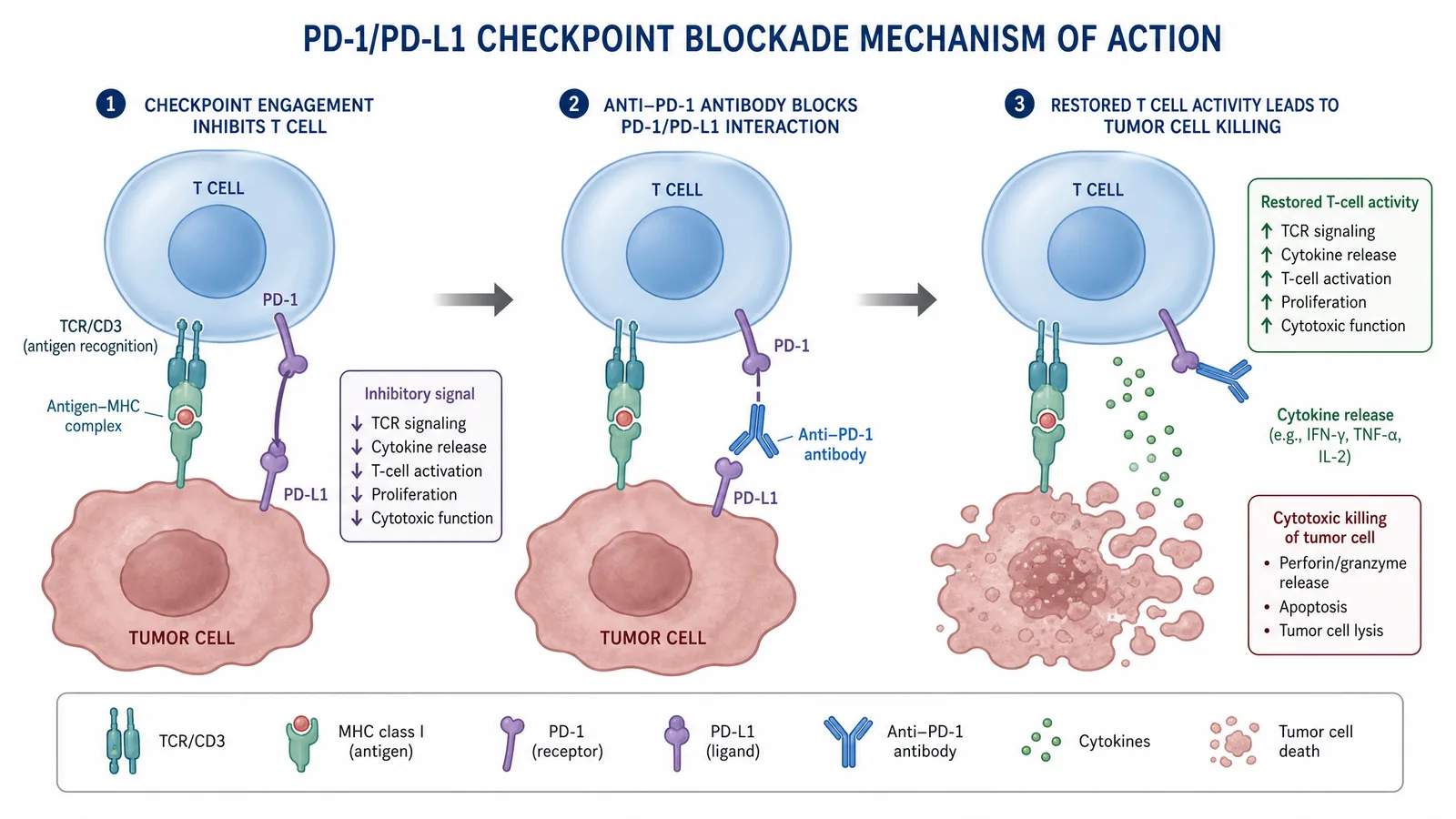 SITC 2026 immune checkpoint inhibitor mechanism figure for an immuno-oncology poster: PD-1 on the T cell, PD-L1 on the tumor cell, checkpoint blockade restoring T-cell activation and tumor killing (Figure generated with SciFig)