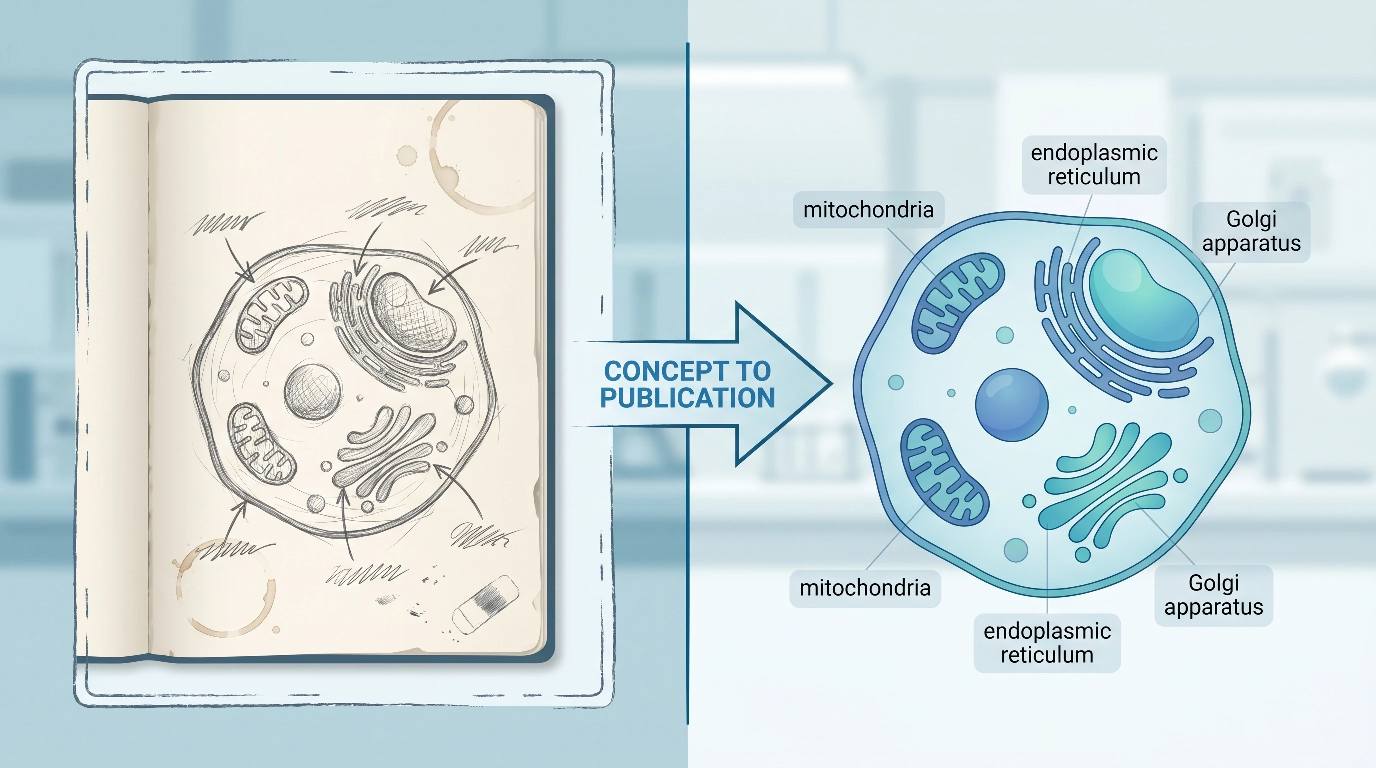 Split-frame illustration showing rough hand-drawn lab notebook sketch on left vs polished publication-ready vector scientific figure on right (Figure generated with SciFig)