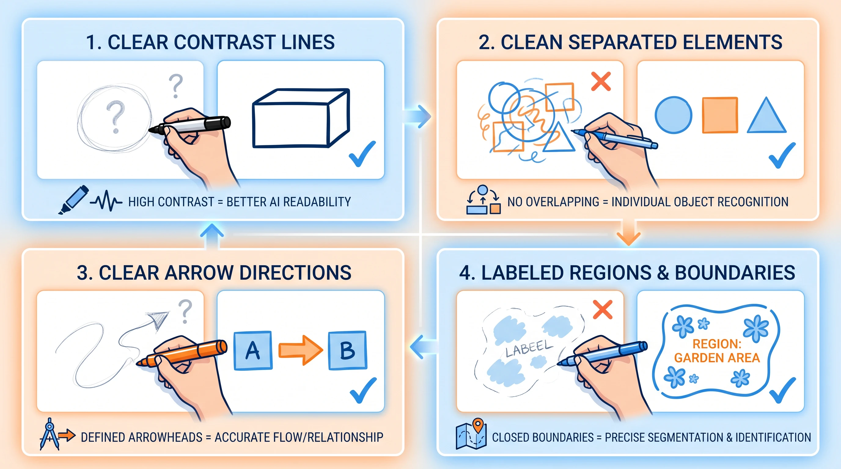 Educational 2x2 grid showing 4 sketch best practices: thick clear lines, separated elements, clear arrows with arrowheads, labeled regions (Figure generated with SciFig)