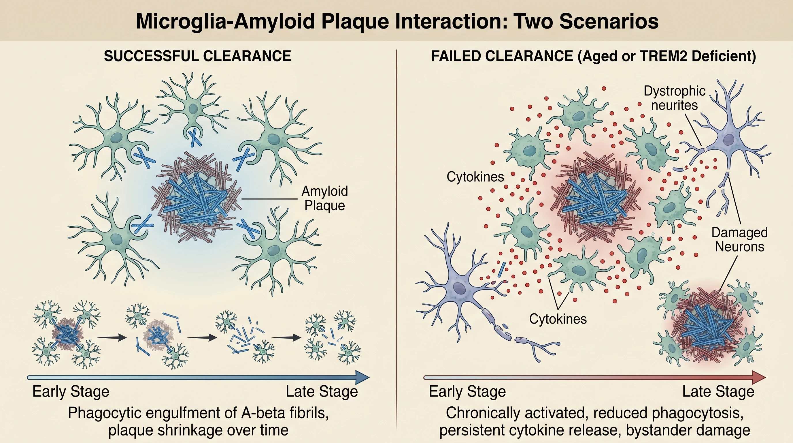Microglia clustering around amyloid plaque forming clearance halo, contrasted with failed clearance showing chronic activation and neuronal damage (Figure generated with SciFig)