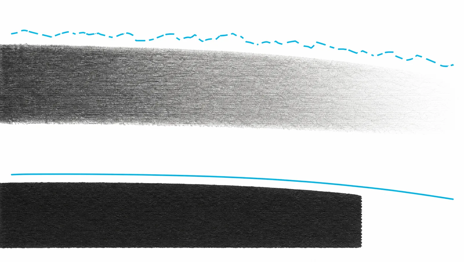 Magnified pencil stroke with a soft edge producing a broken traced outline, next to an ink stroke with a sharp edge producing one continuous outline (Figure generated with SciFig)