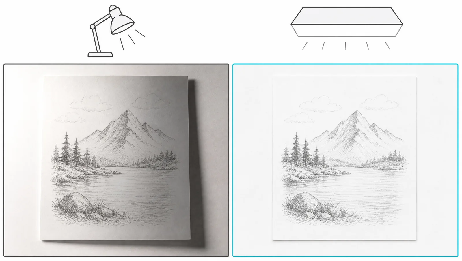 Side-by-side comparison of a paper sketch lit unevenly by a desk lamp and the same sheet under even diffuse light (Figure generated with SciFig)