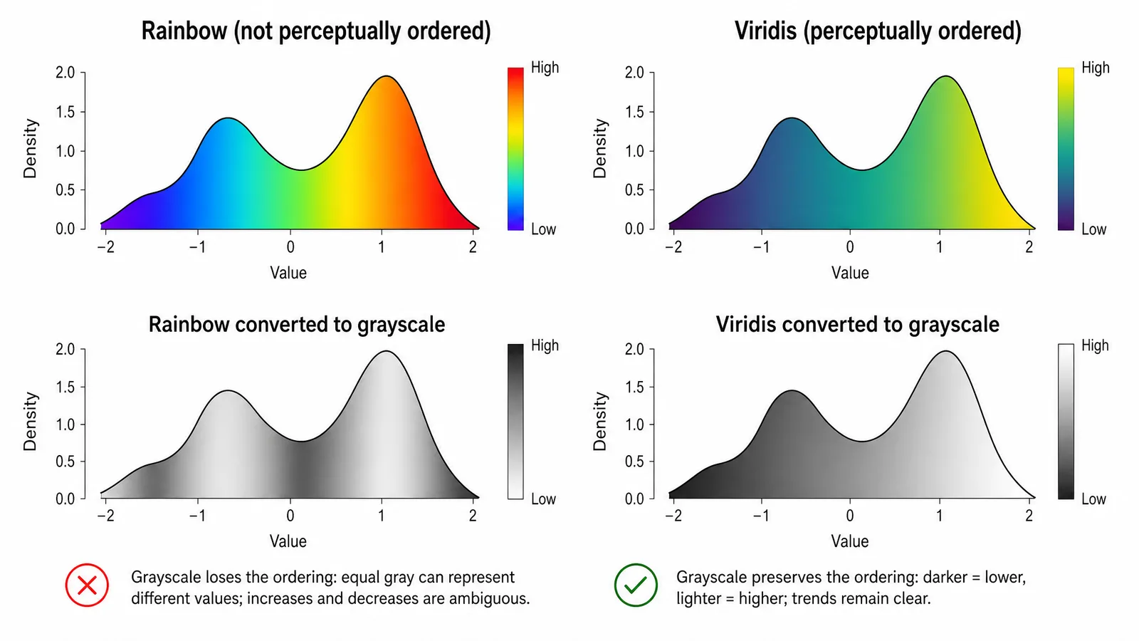 A density plot rendered in rainbow and in viridis side by side, with grayscale conversions beneath each showing the rainbow version losing its ordering (Comparison figure generated with SciFig)