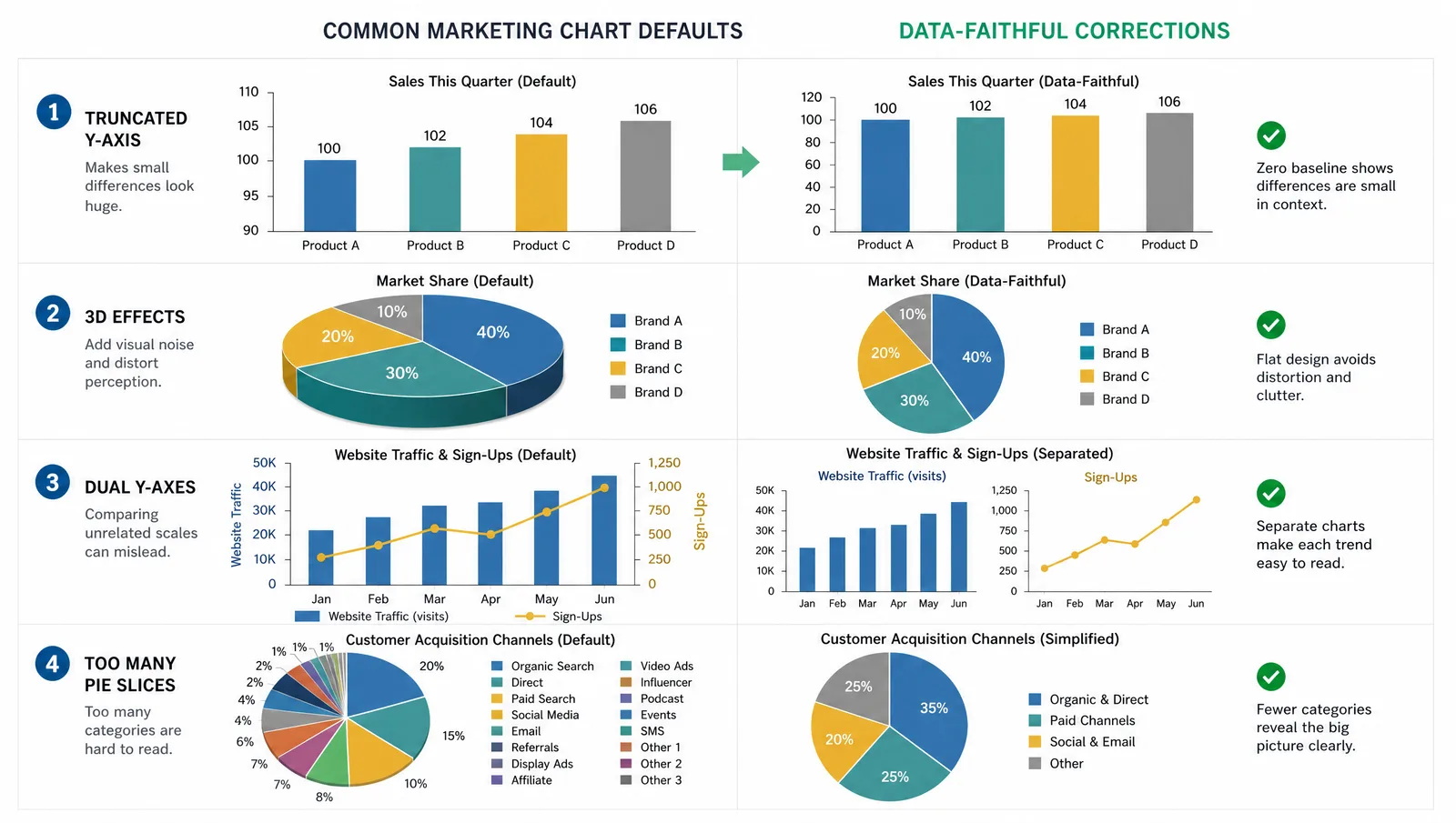 Four common marketing chart defaults shown beside their data-faithful corrections (Figure generated with SciFig)
