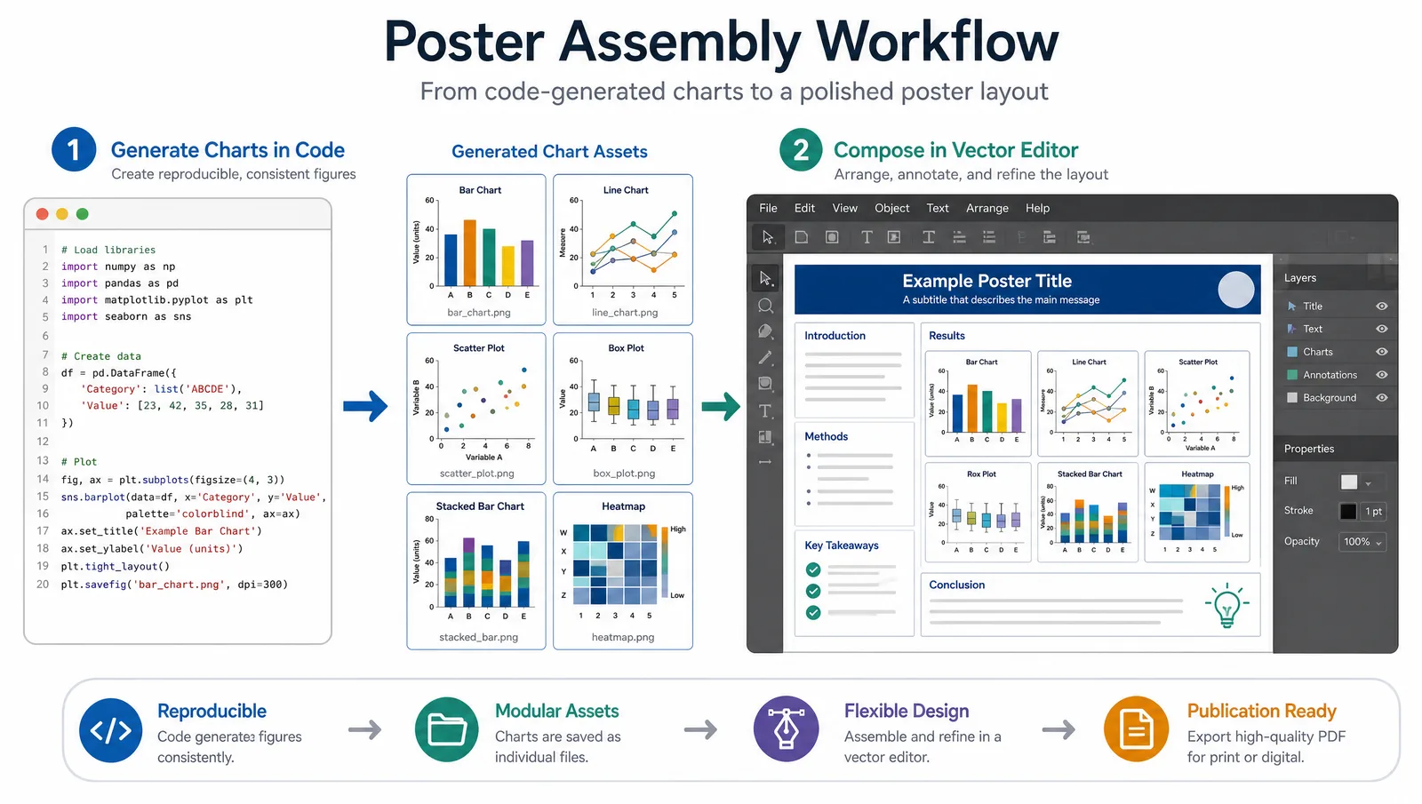 A poster assembly workflow showing charts generated in code, then composed into a poster layout in a vector editor (Figure generated with SciFig)