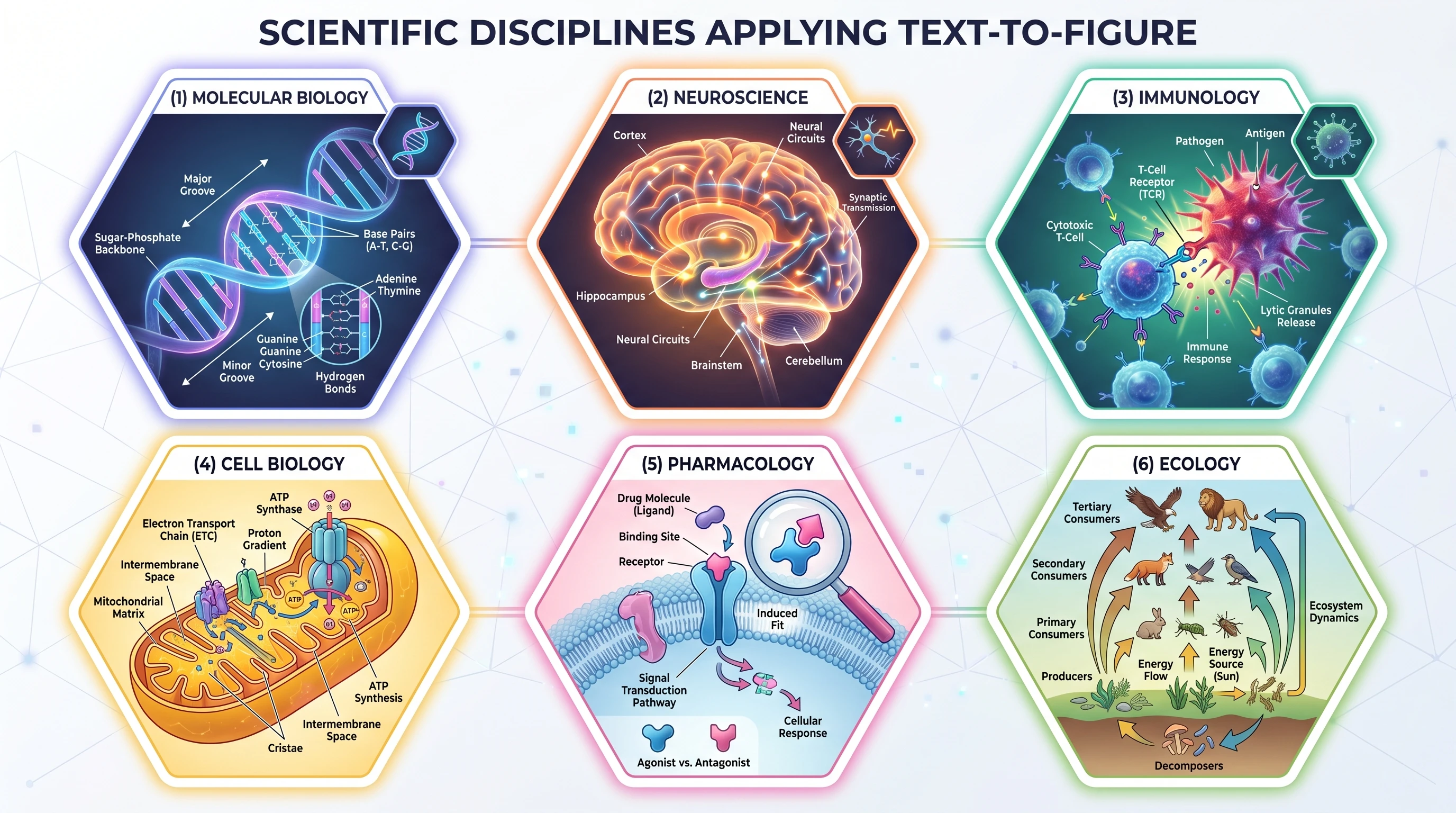 Hexagonal grid of 6 disciplines using text-to-figure: molecular biology, neuroscience, immunology, cell biology, pharmacology, ecology (Figure generated with SciFig)