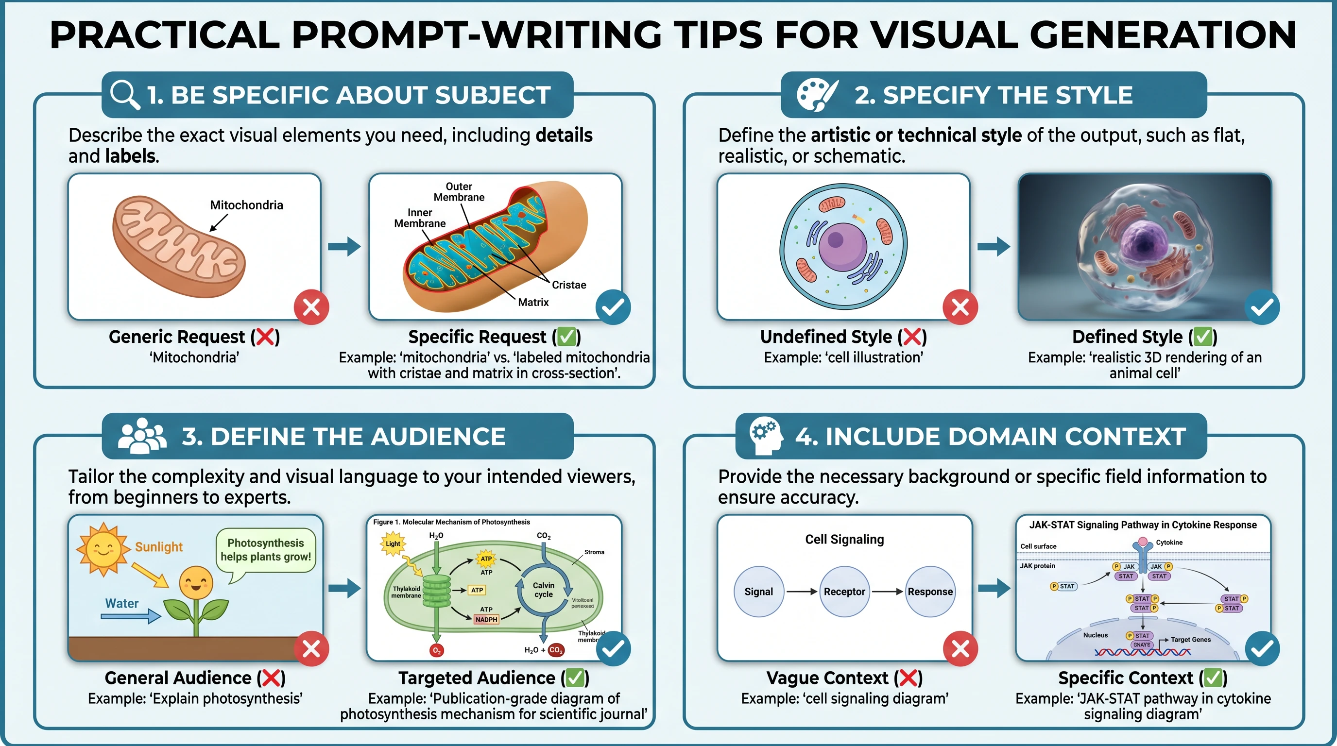 Prompt writing 2x2 tips grid: be specific about subject, specify style, define audience, include domain context — each with visual example thumbnails (Figure generated with SciFig)