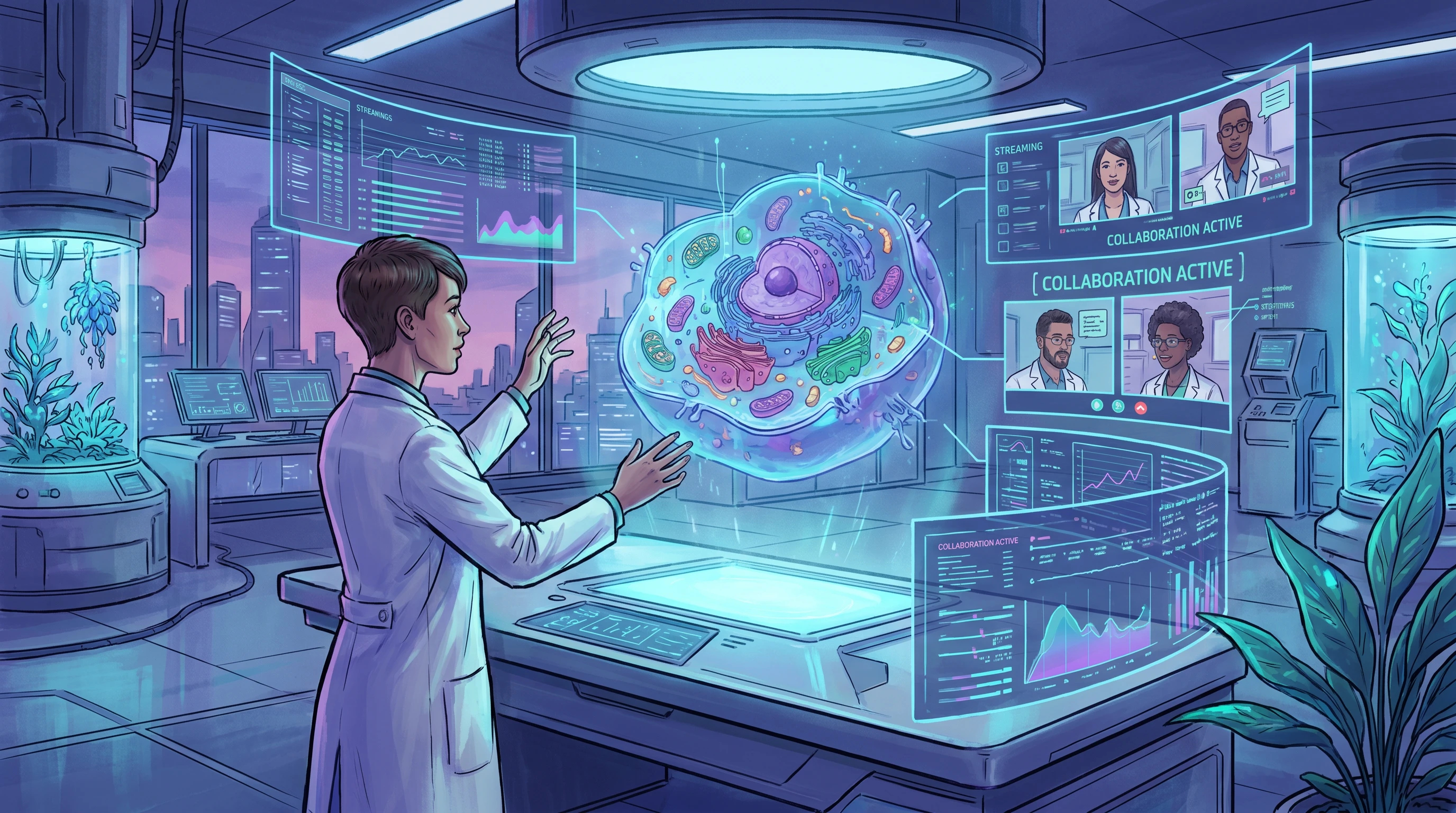 Future vision: researcher manipulating holographic 3D cellular structure with hand gestures, multiple screens showing real-time data and collaborative annotations (Figure generated with SciFig)