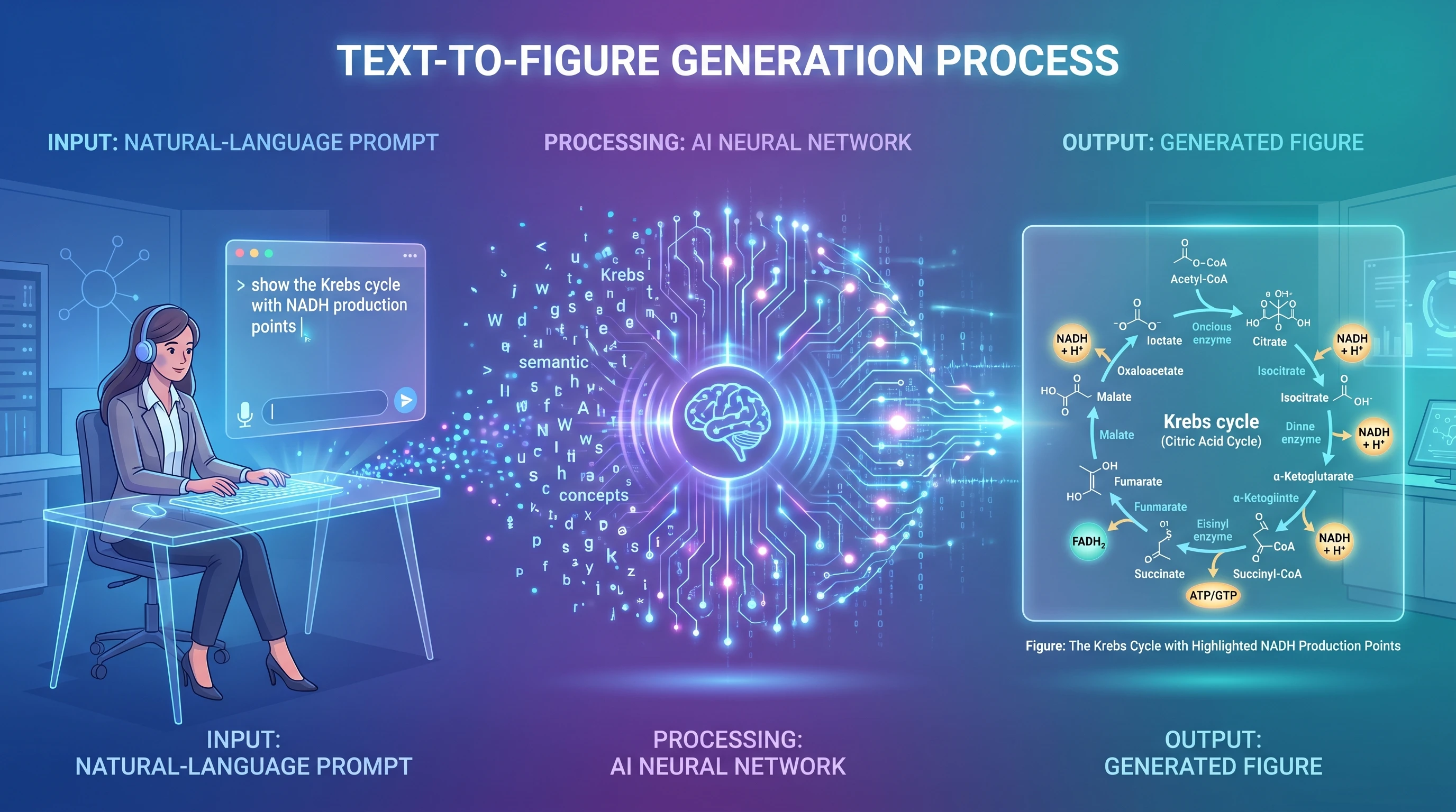 Text-to-figure conceptual flow: Krebs cycle prompt typed → AI neural network processing → labeled 8-step Krebs cycle diagram emerges (Figure generated with SciFig)
