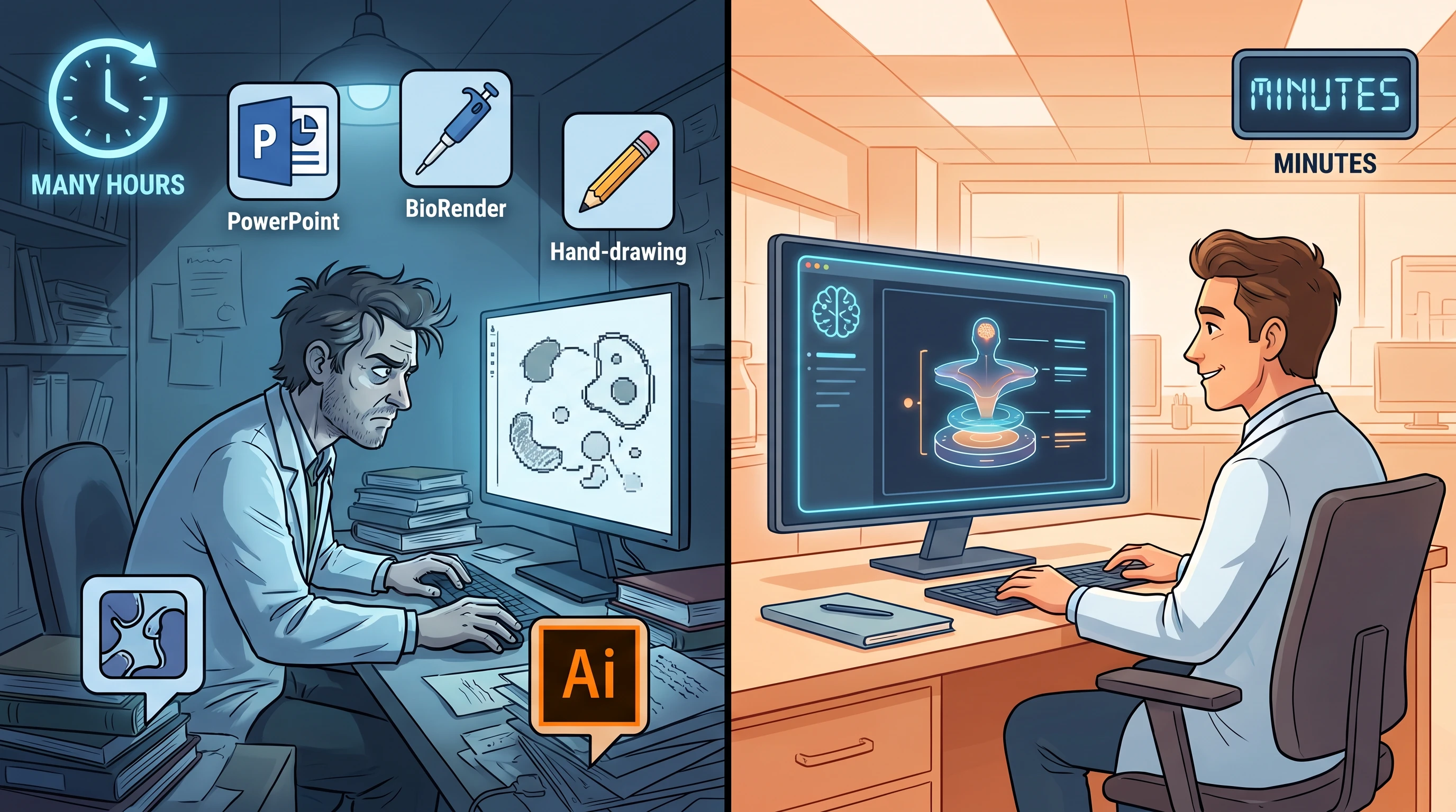 Traditional vs AI tools: frustrated researcher with 4 separate tools + unfinished diagram on left vs relaxed researcher with single AI + polished figure on right (Figure generated with SciFig)