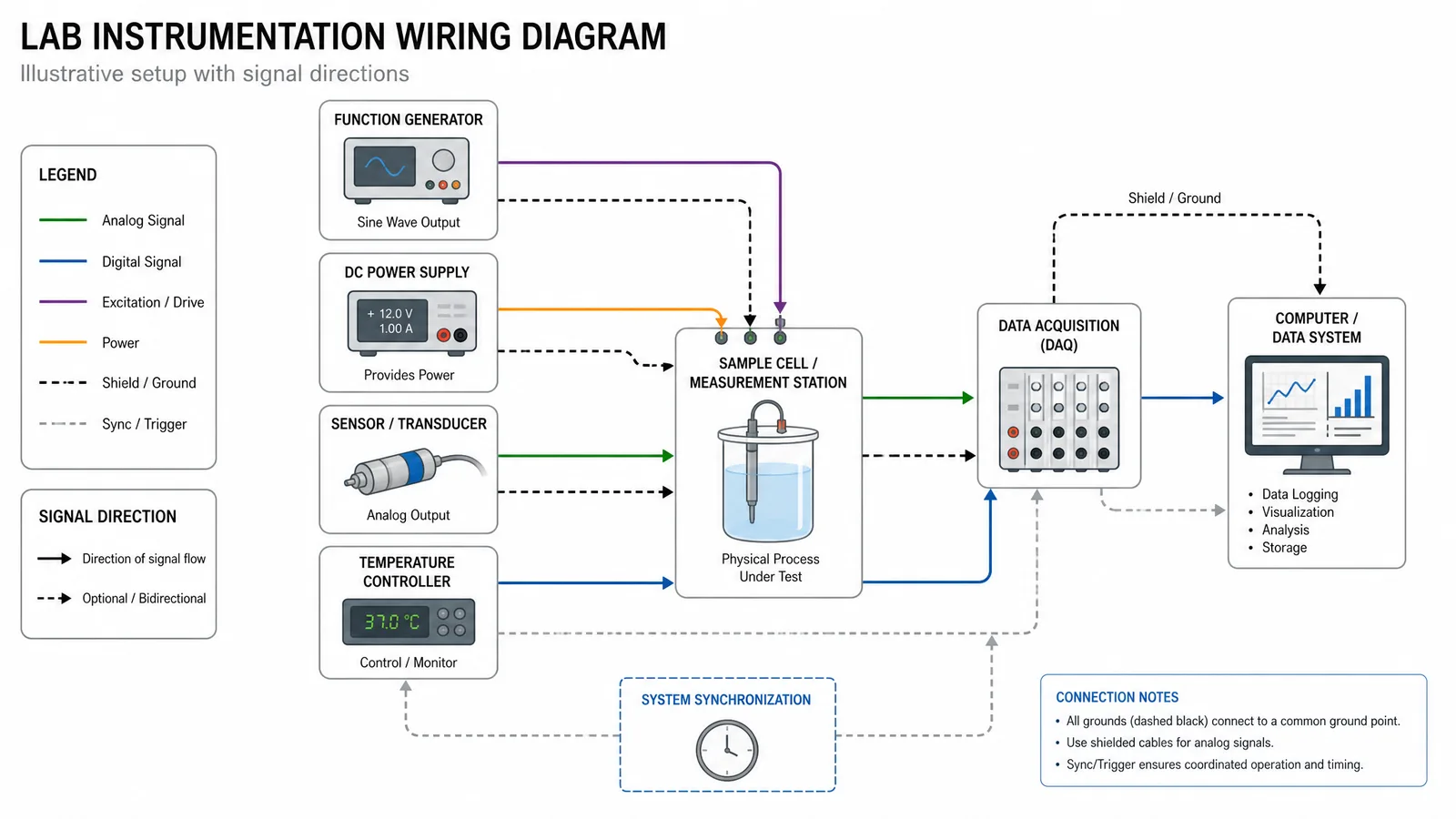 A lab instrumentation wiring diagram with labeled components, connections, and signal directions (Figure generated with SciFig)