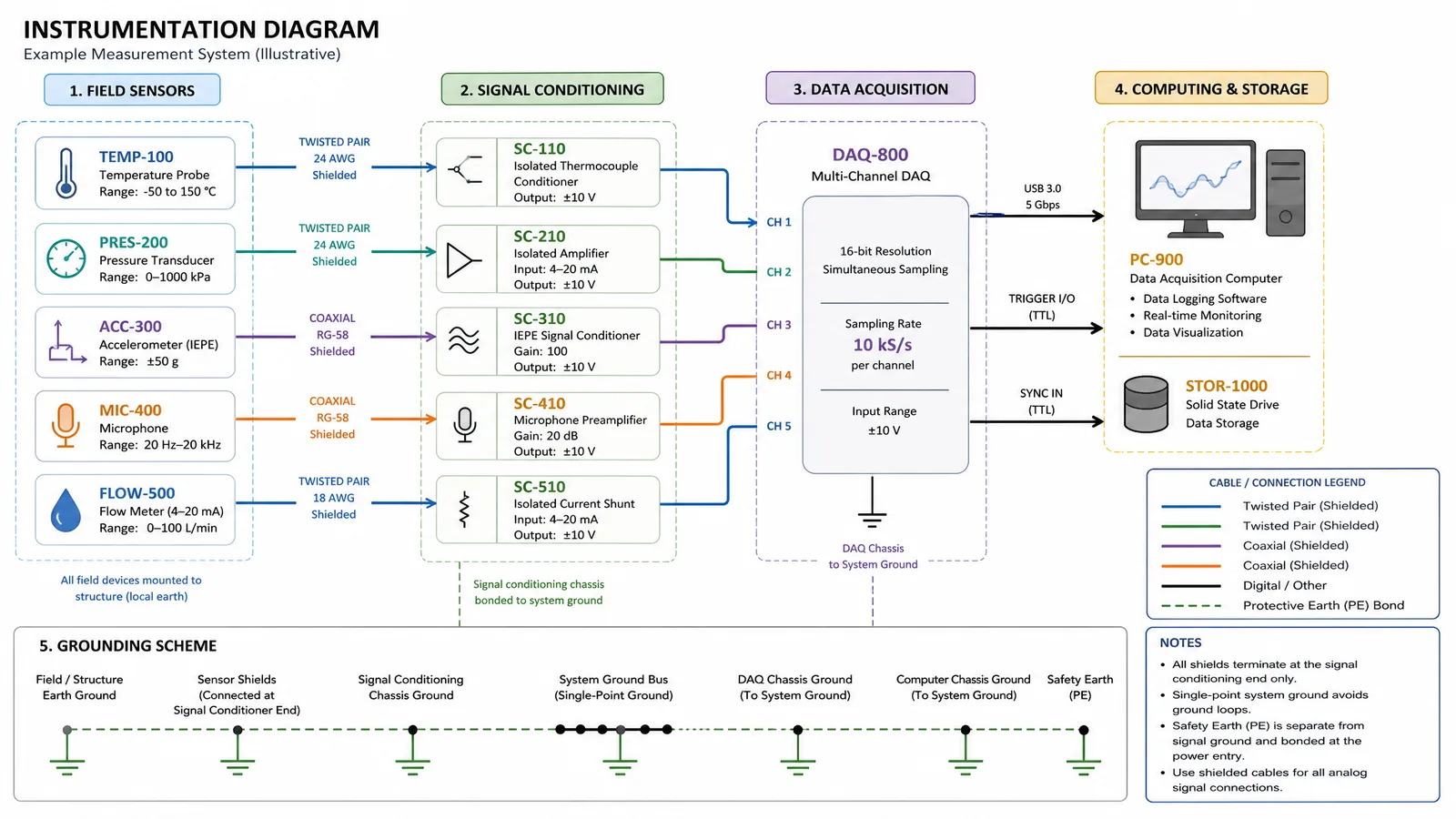 An instrumentation diagram annotated with model numbers, cable types, sampling rates, and the grounding scheme (Figure generated with SciFig)