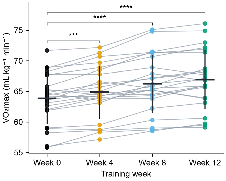 Paired dot plot — Altitude training VO₂max