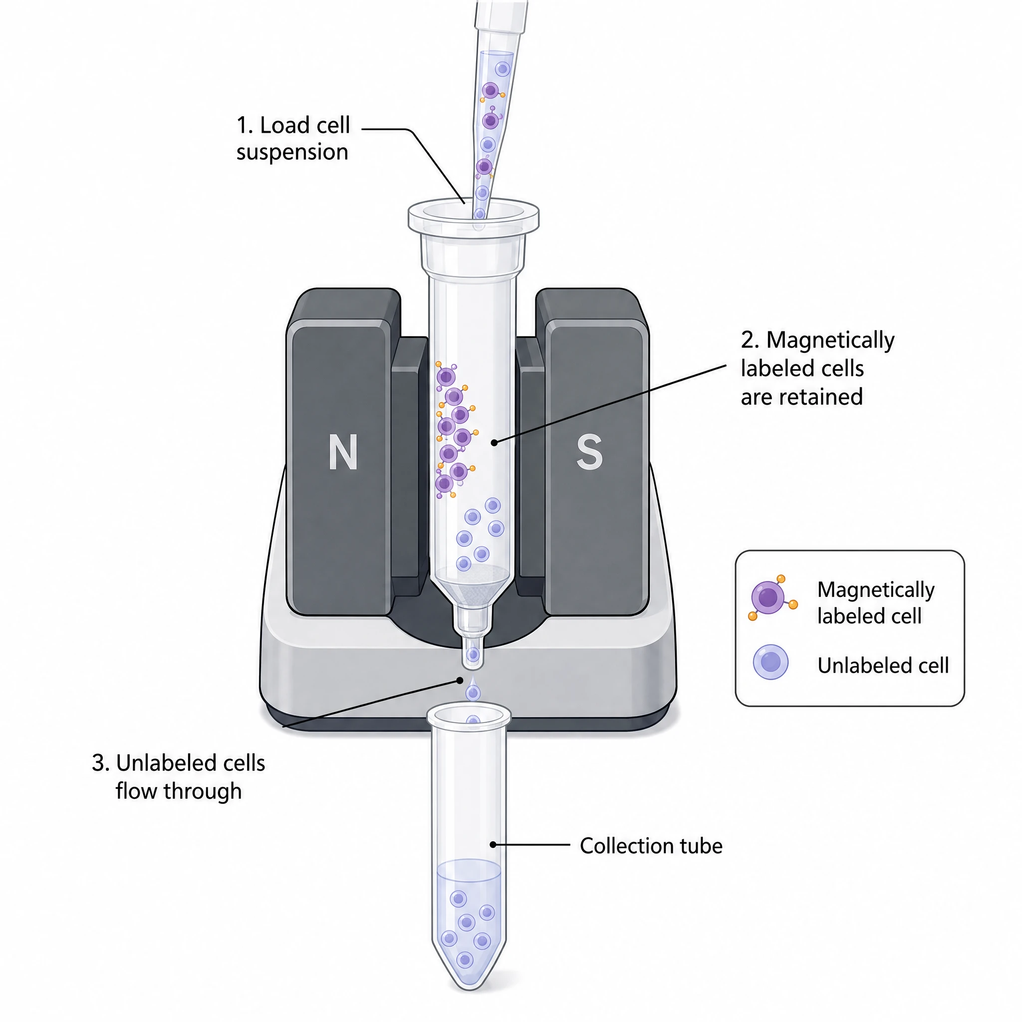 Magnetic cell separator showing a column in a magnet retaining labeled cells while unlabeled cells flow through, lab equipment icon (Figure generated with SciFig)