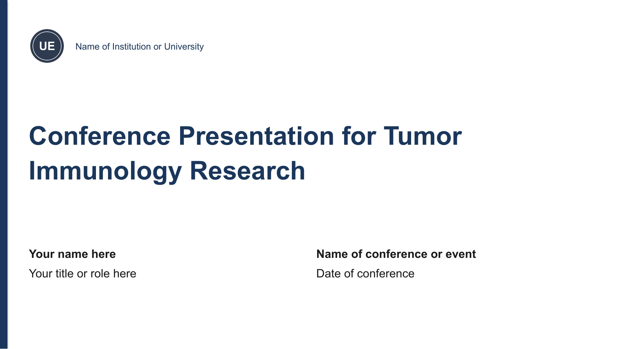 Free academic conference presentation template for PowerPoint — 16:9 academic deck with a tumor immunology figure set included Academic conference presentation template in PowerPoint, minimal white title slide