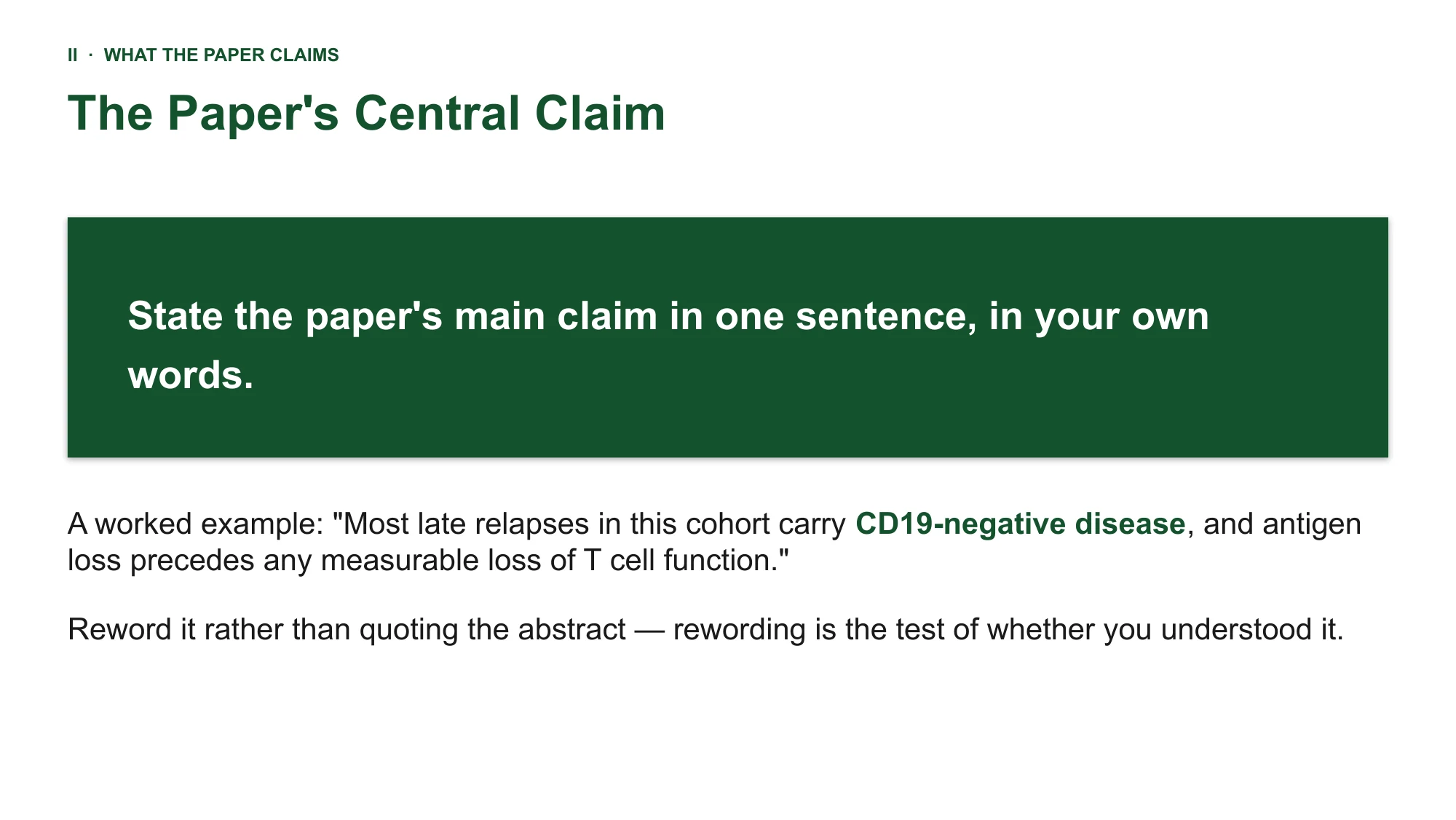 Critical appraisal presentation template — the hypothesis slide from the deck Critical appraisal presentation template in PowerPoint: the paper’s central claim slide