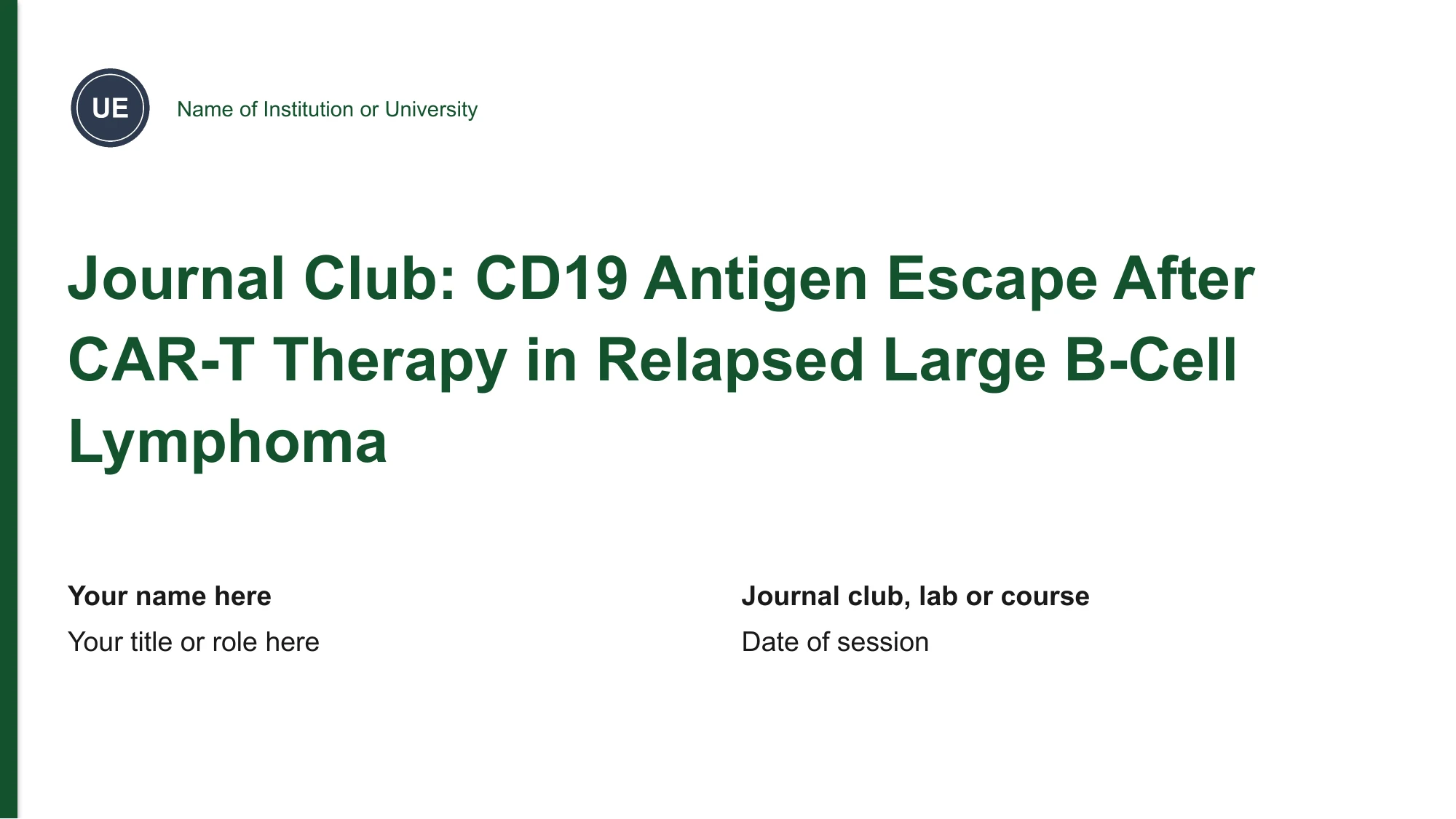 Free journal club powerpoint template for PowerPoint — 16:9 academic deck with a CAR-T and immunotherapy figure set included Journal club PowerPoint template, minimal white title slide at 16:9