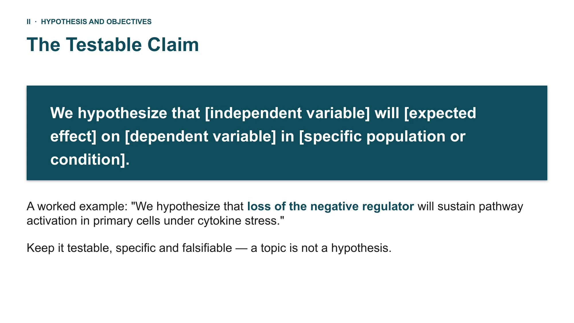 Lab meeting presentation example — the hypothesis slide from the deck Lab meeting presentation example in PowerPoint: the fill-in hypothesis slide at 16:9