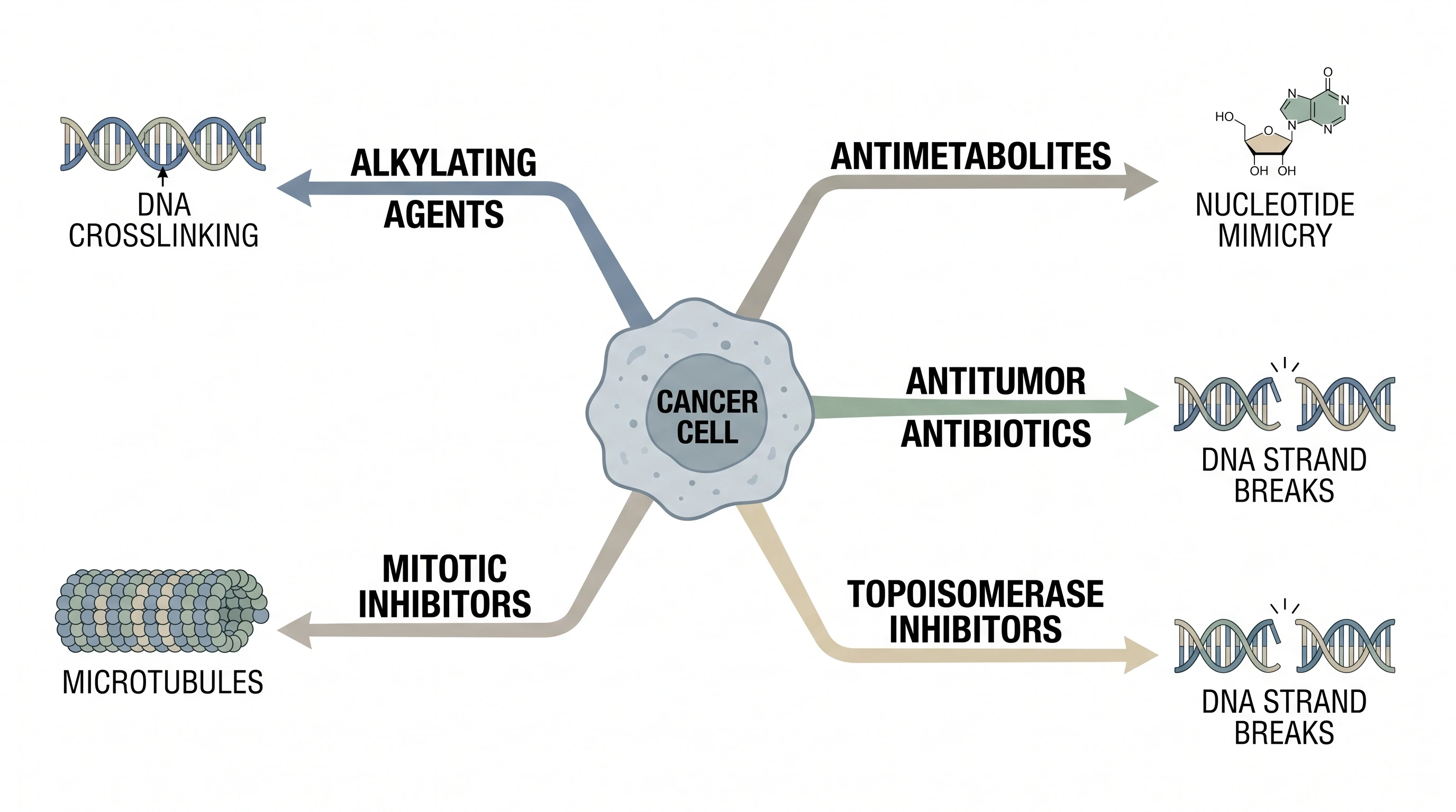 Chemotherapy classification diagram grouping agents by mechanism of action with their molecular targets around a cancer cell (Figure generated with SciFig)