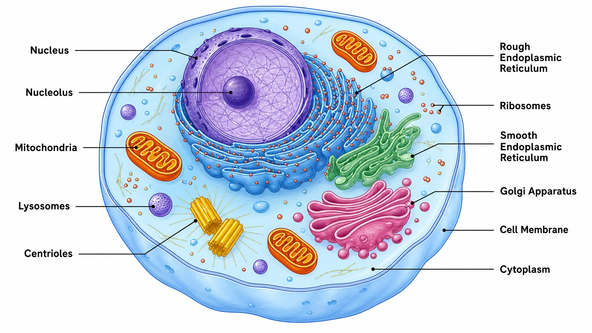 Detailed labeled animal cell diagram with callout lines identifying every organelle including nucleus, mitochondria, and Golgi apparatus (Figure generated with SciFig)