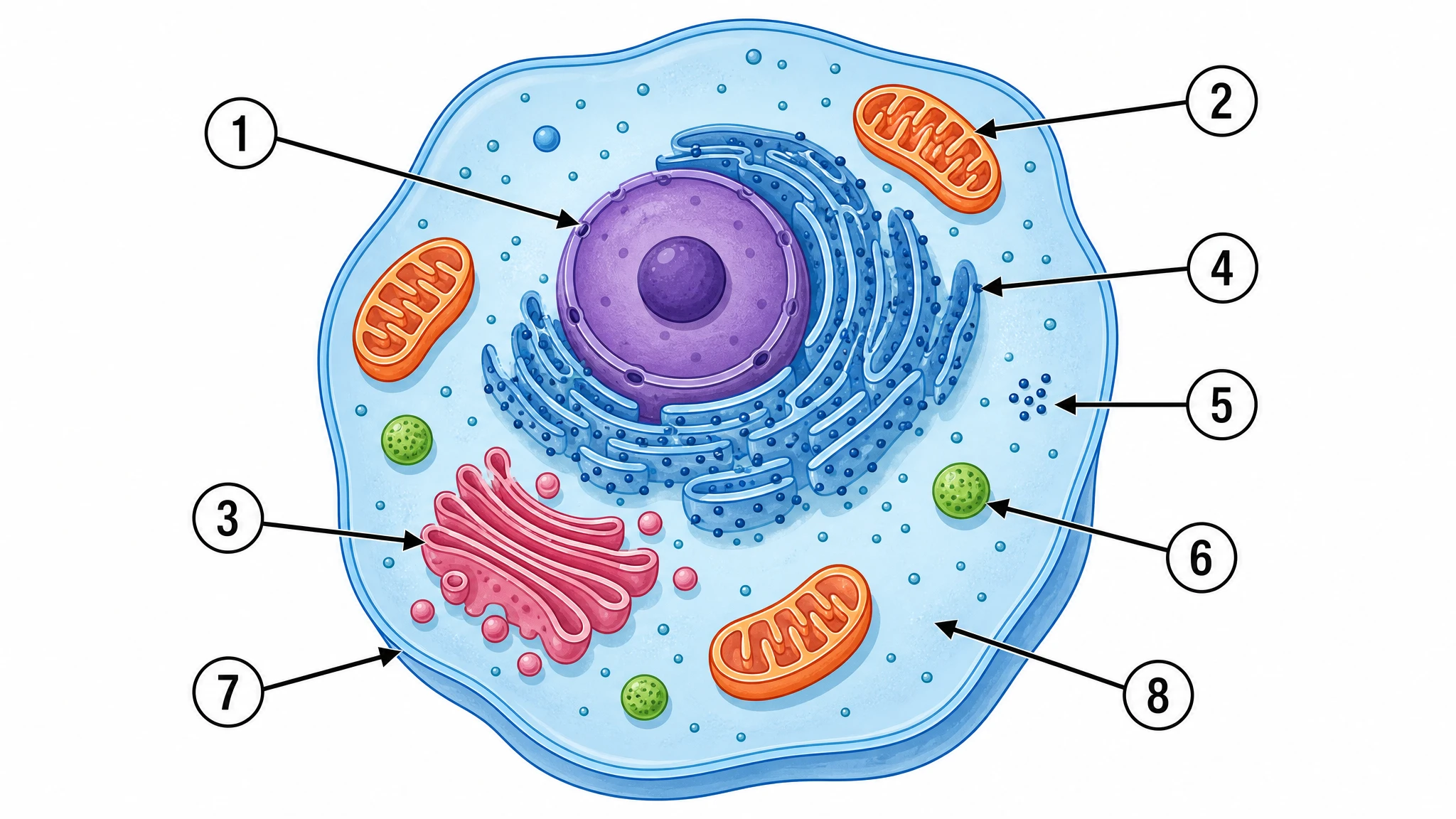 Unlabeled animal cell diagram with numbered arrows pointing to organelles, blank for biology worksheet use (Figure generated with SciFig)