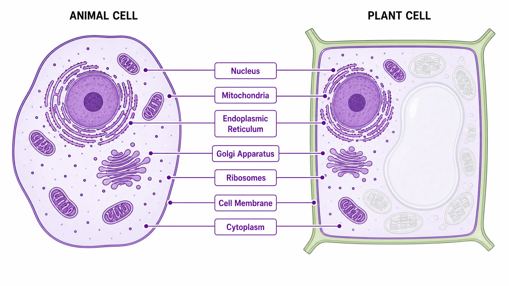 Animal and plant cell diagram similarities with shared organelles like nucleus, mitochondria, and Golgi apparatus highlighted in both cells (Figure generated with SciFig)
