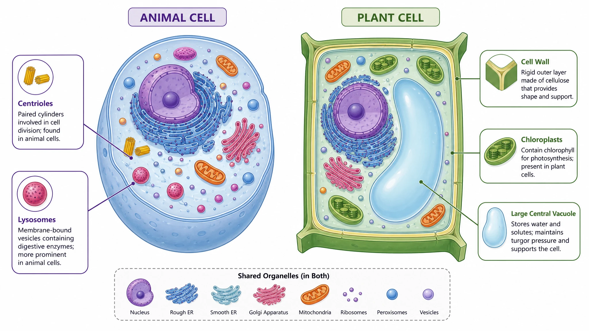 Animal vs plant cell differences showing plant-only cell wall, chloroplasts, and central vacuole next to animal-only centrioles and lysosomes (Figure generated with SciFig)