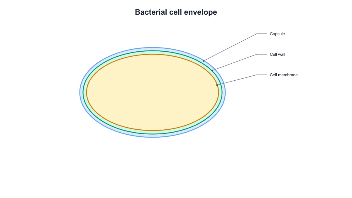 Bacterial cell envelope diagram with nested capsule, cell wall and cell membrane layers
