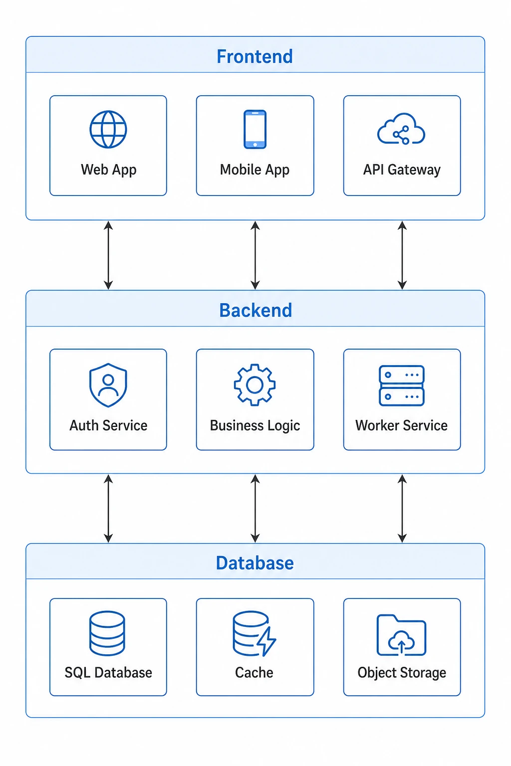 Software system architecture blueprint with labeled frontend, backend, and database tiers connected by vertical arrows (Figure generated with SciFig)