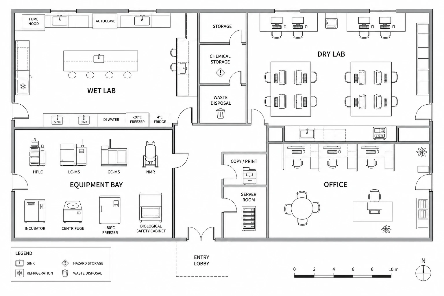 Facility layout blueprint showing a top-down floor plan of a research laboratory with labeled room zones (Figure generated with SciFig)