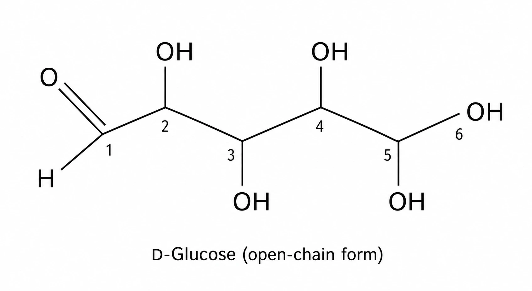 Chemistry structure diagram of open-chain glucose showing skeletal line formula with hydroxyl and aldehyde groups (Figure generated with SciFig)