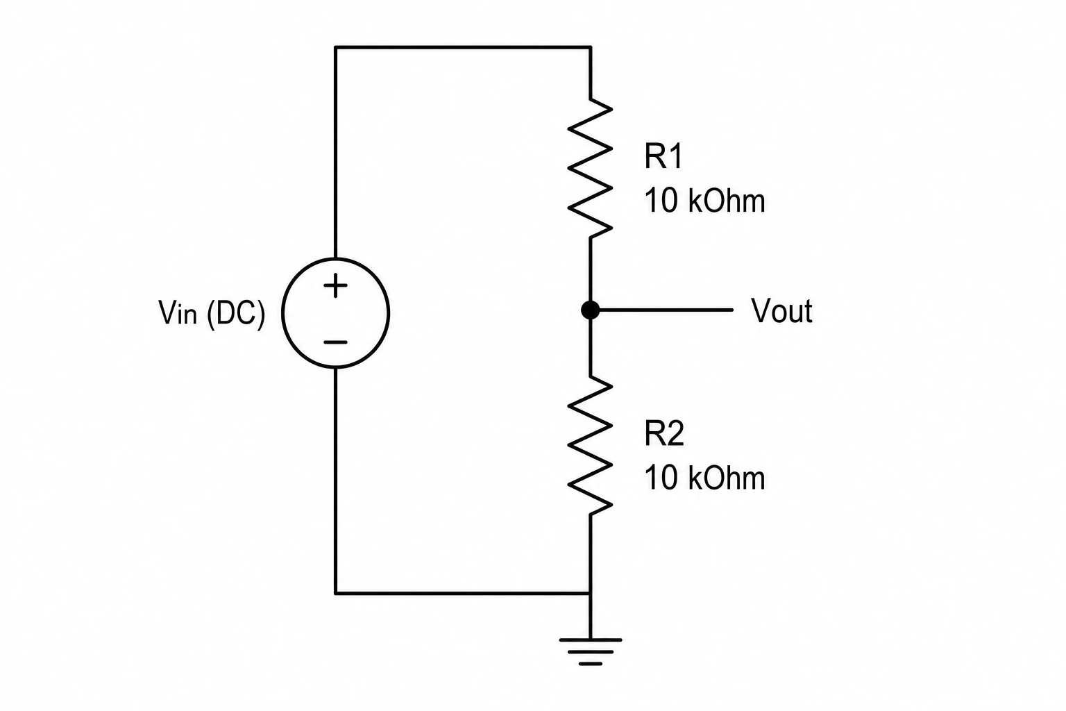 Simple voltage divider circuit diagram with two labeled resistors and output node annotation (Figure generated with SciFig)