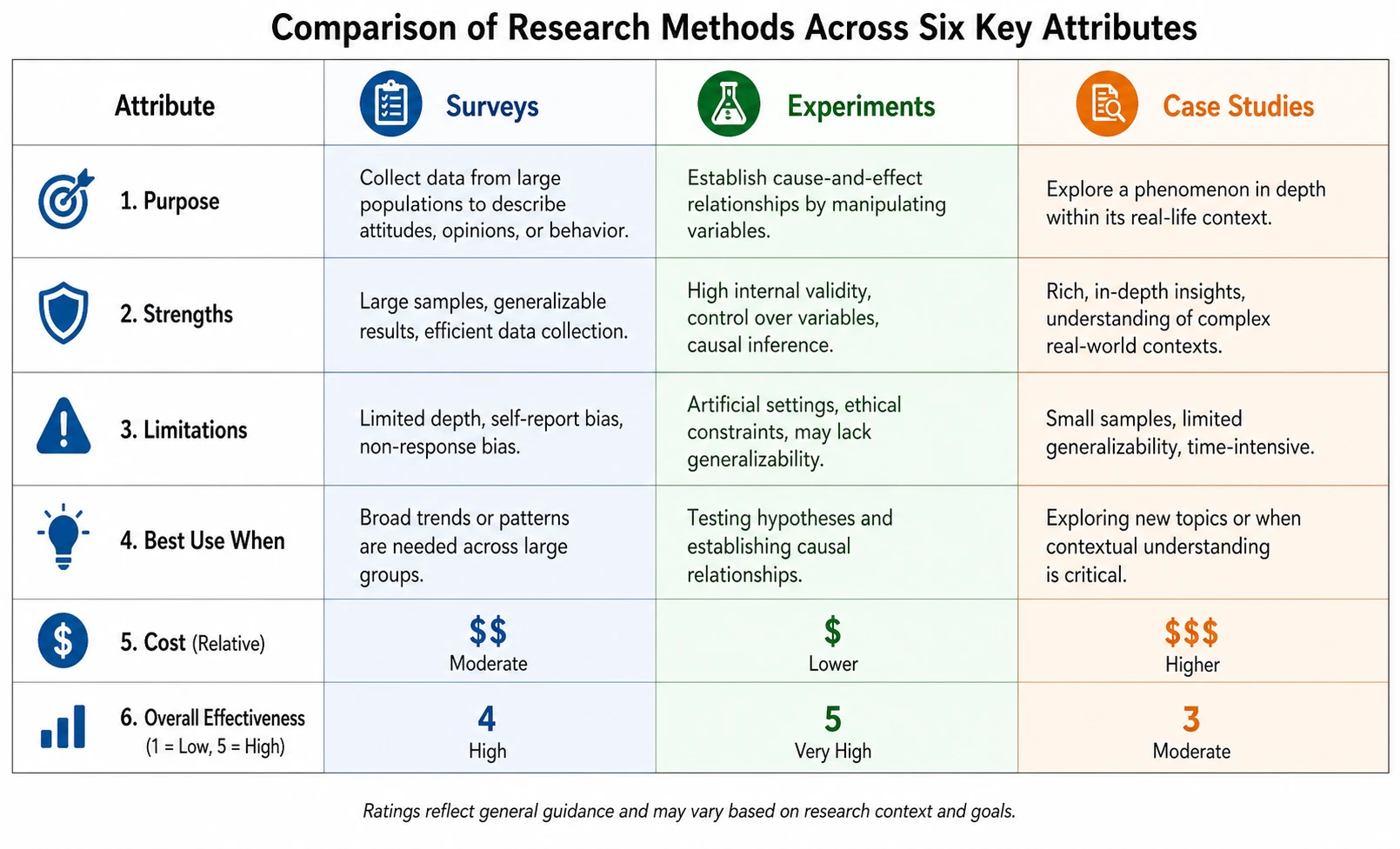 Comparison chart maker output showing three research methods compared across six attributes in a structured side-by-side layout (Figure generated with SciFig)
