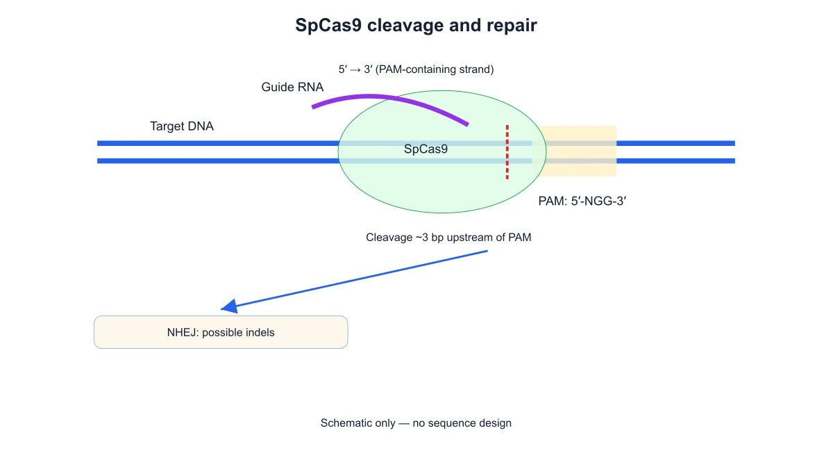 Guide RNA and PAM recognition in a SpCas9 schematic displaying the NHEJ repair branch