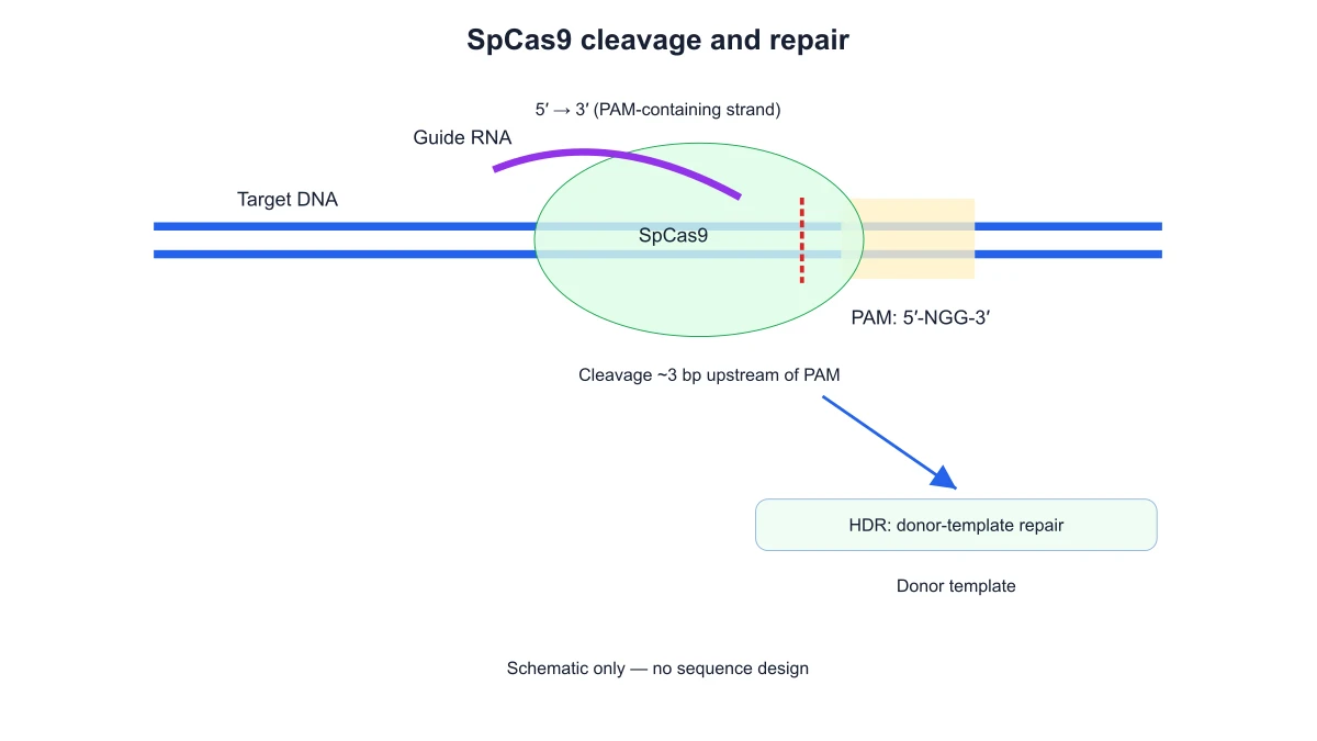 SpCas9 DNA cleavage near the PAM with the HDR repair branch and a donor-template label