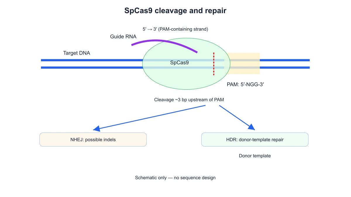 SpCas9 cleavage schematic with separate NHEJ and donor-template HDR branches