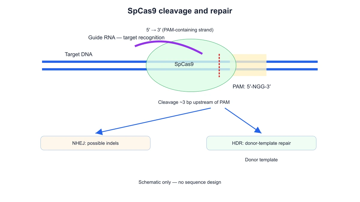 Labeled SpCas9 guide-target recognition schematic with PAM and both repair branches