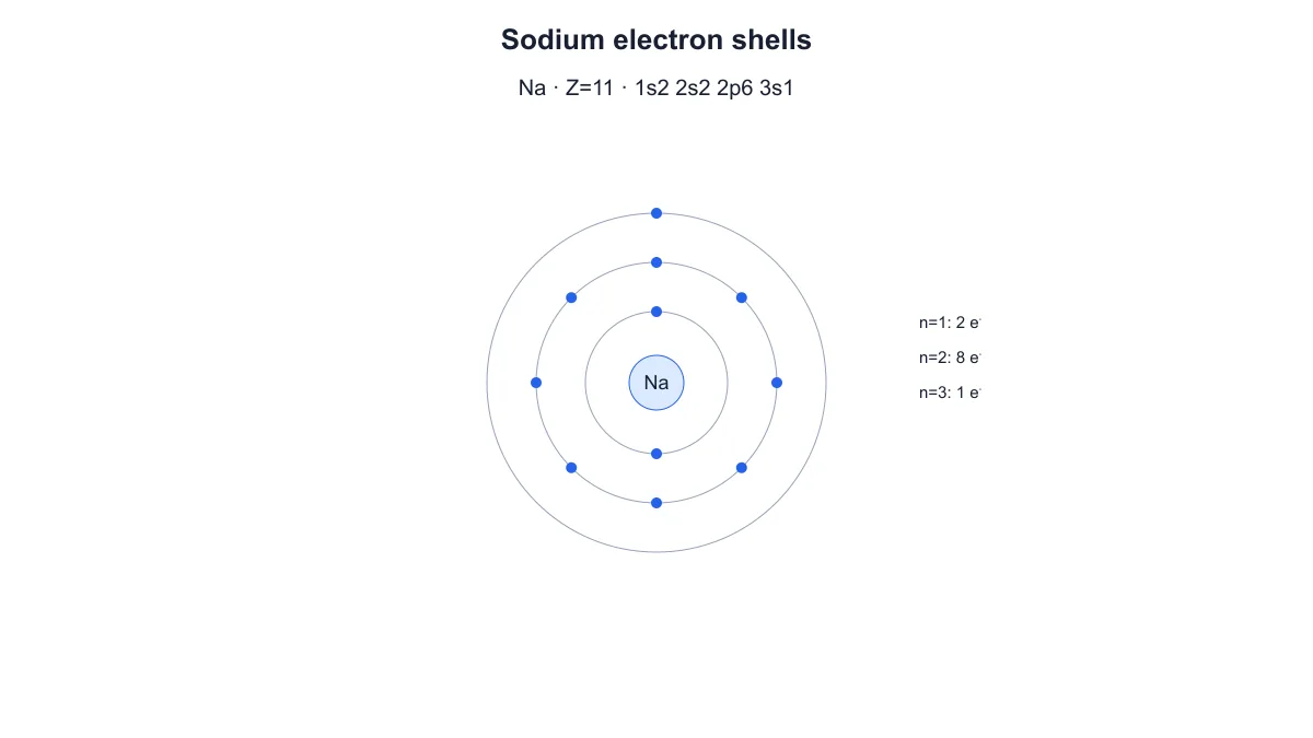 Sodium shell diagram showing eleven electrons distributed two, eight and one across three principal shells