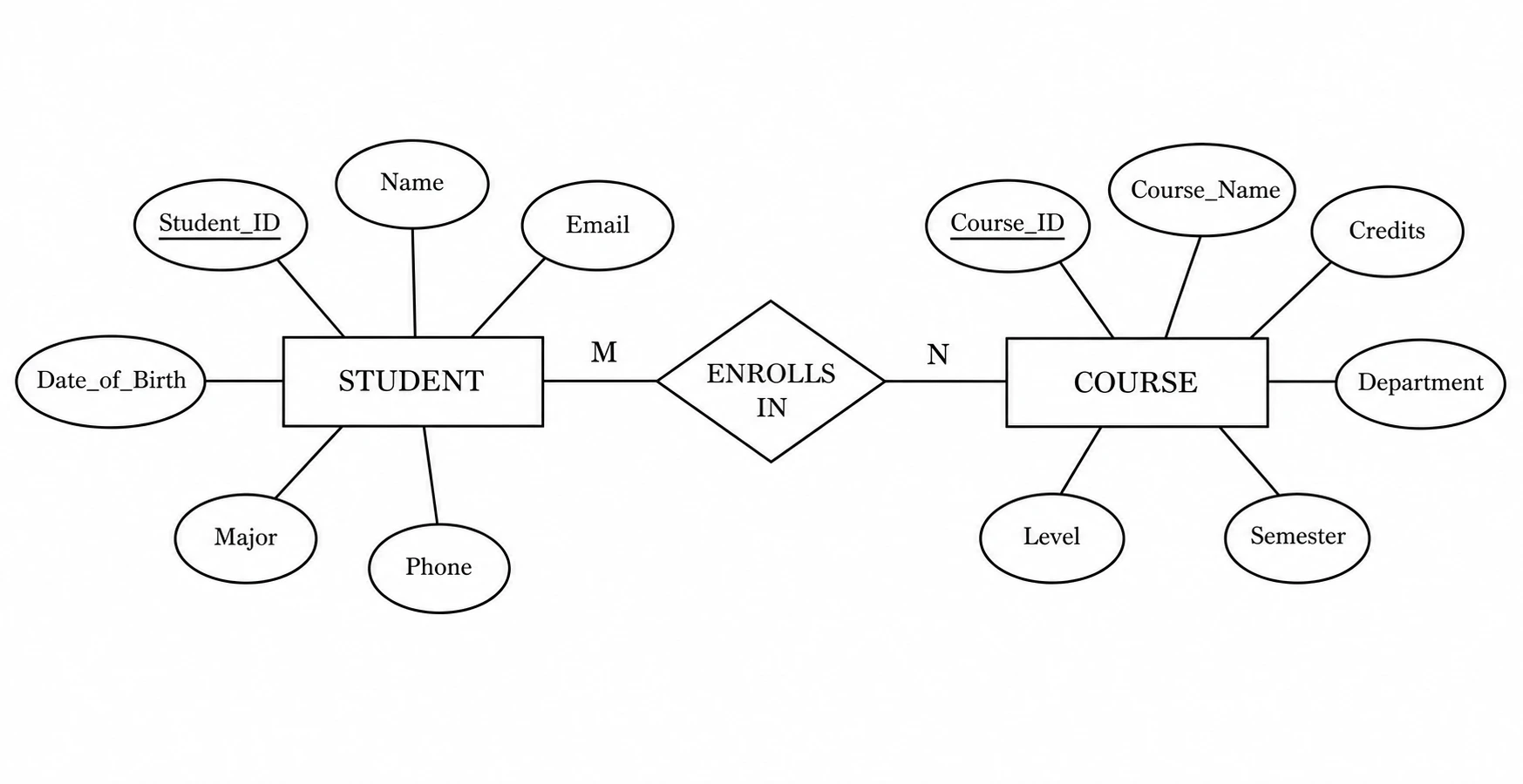 ER diagram in Chen notation with entity rectangles, attribute ovals, and diamond relationship symbol (Figure generated with SciFig)