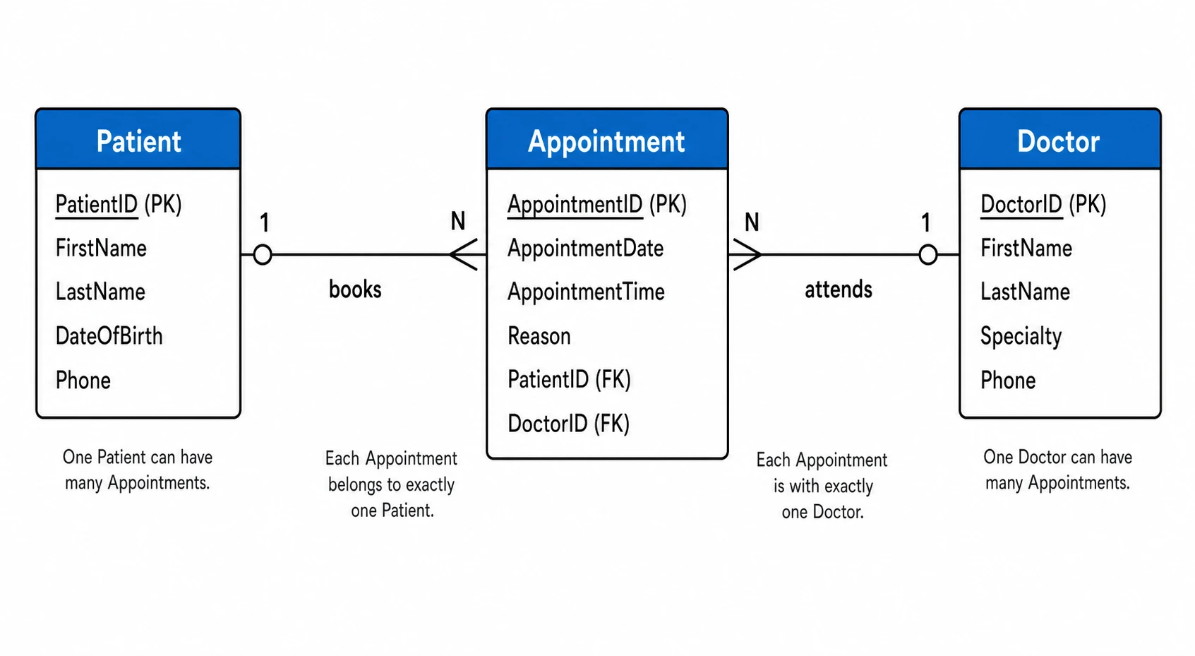 ER diagram showing Patient, Appointment, and Doctor entities with Crow's Foot cardinality notation and labeled relationships (Figure generated with SciFig)