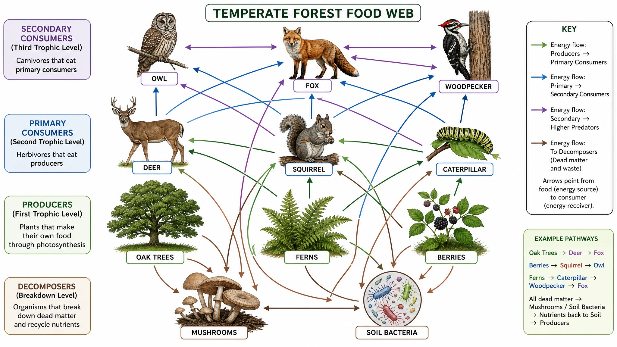Detailed forest ecosystem food web diagram with overlapping energy flow arrows linking producers, consumers, and decomposers (Figure generated with SciFig)
