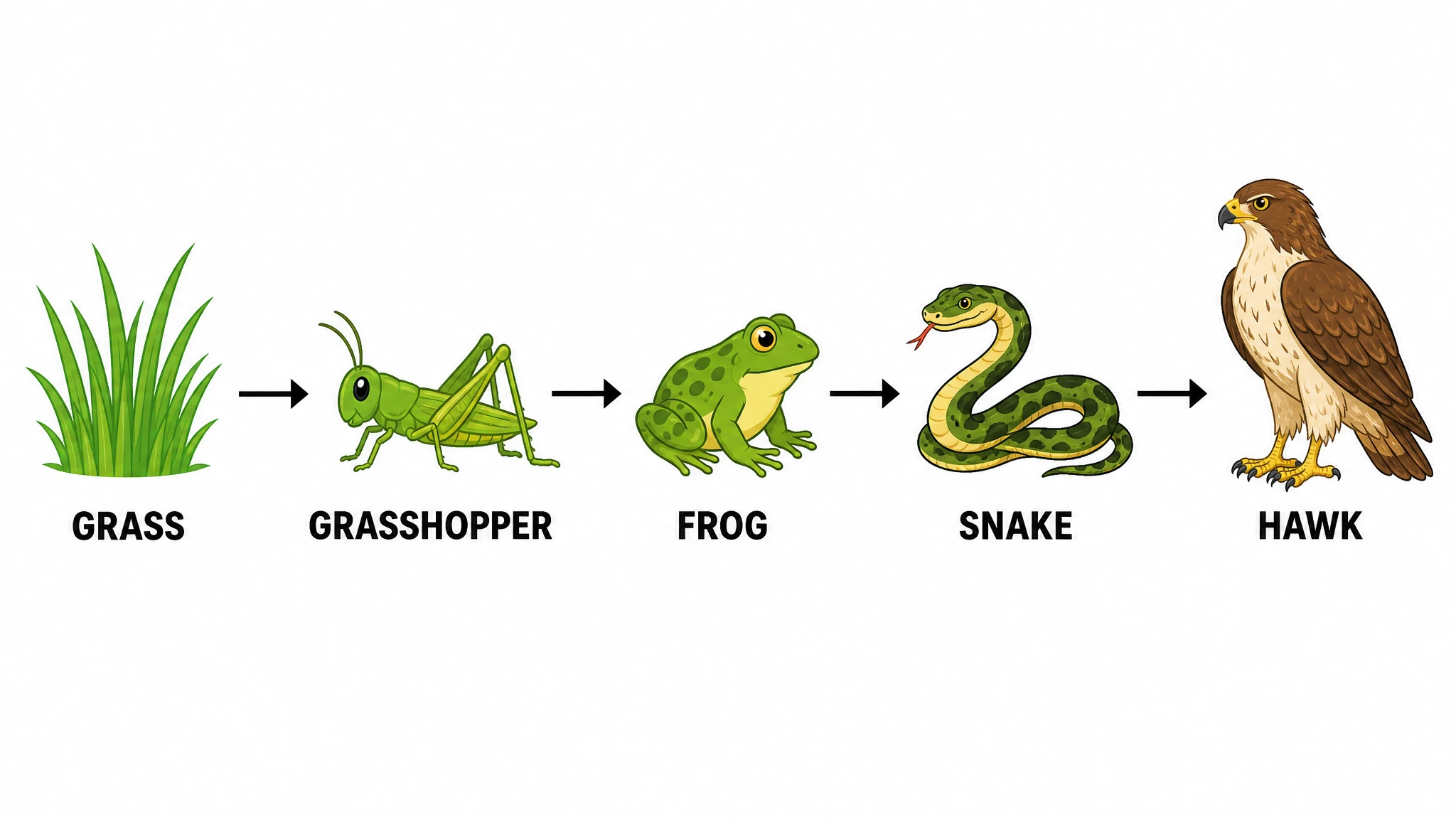 Simple linear food chain diagram from grass to hawk connected by energy flow arrows (Figure generated with SciFig)