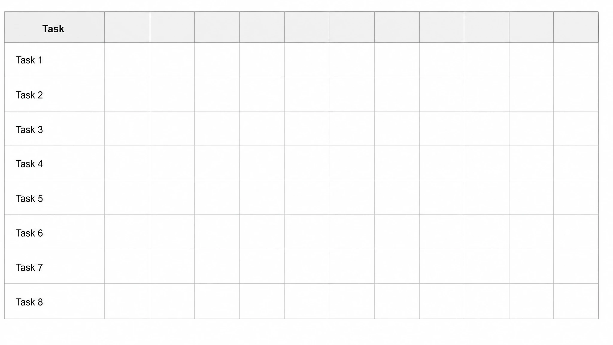 Blank Gantt chart template with empty task rows and a twelve-column time grid (Figure generated with SciFig)