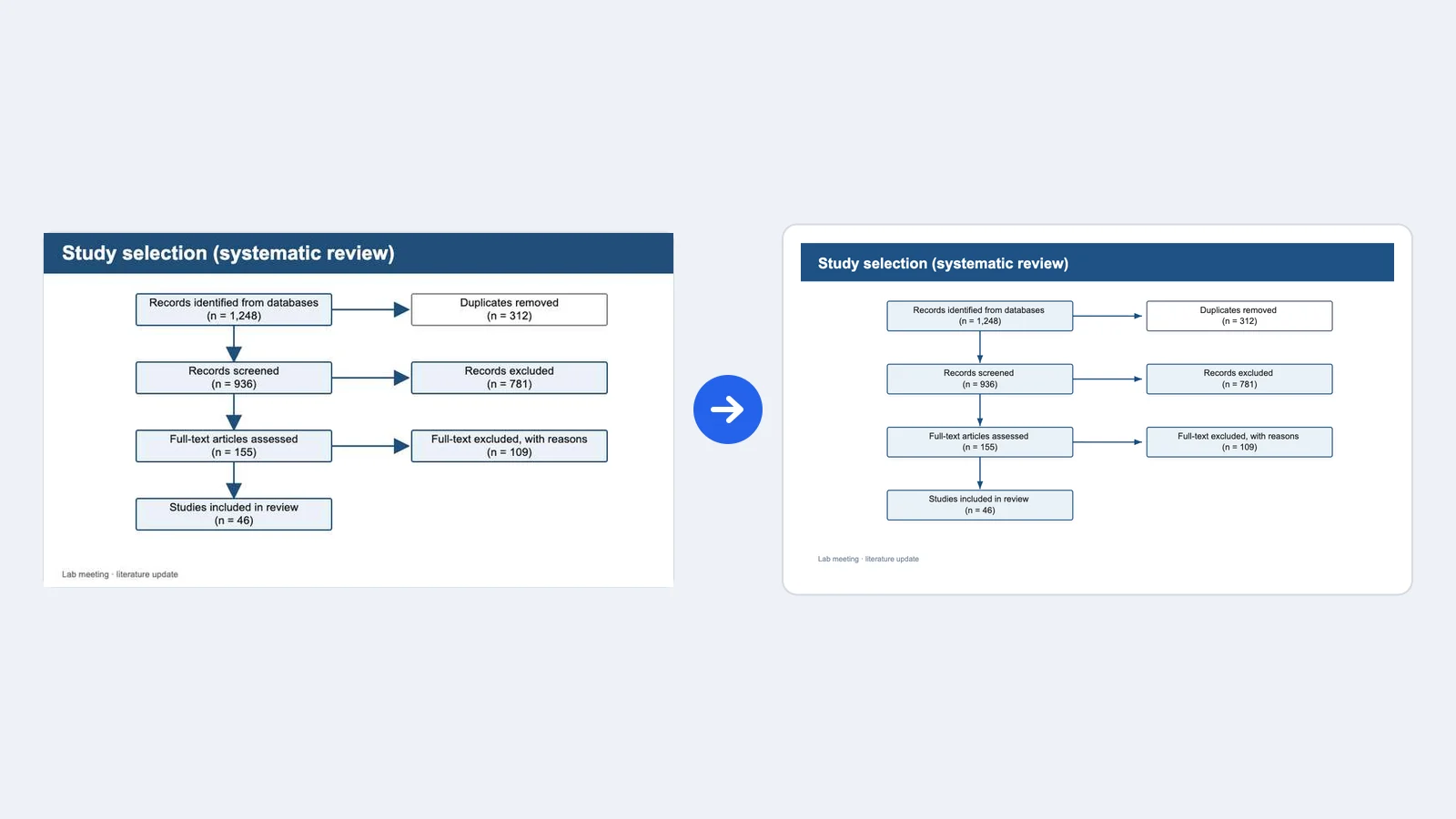 Screenshot di slide con lo screening di una revisione sistematica da 1.248 record a 46 studi, accanto alla versione modificabile in FlowChart