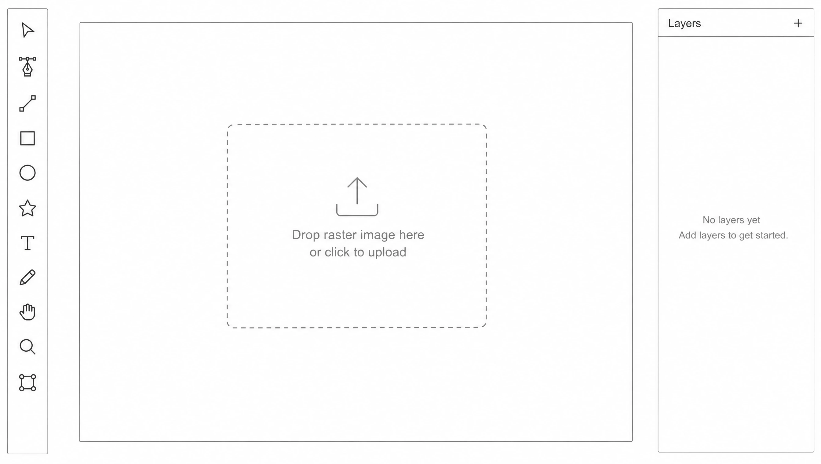 Blank vector canvas workspace with a drop target for a raster image before conversion to an editable SVG (Figure generated with SciFig)