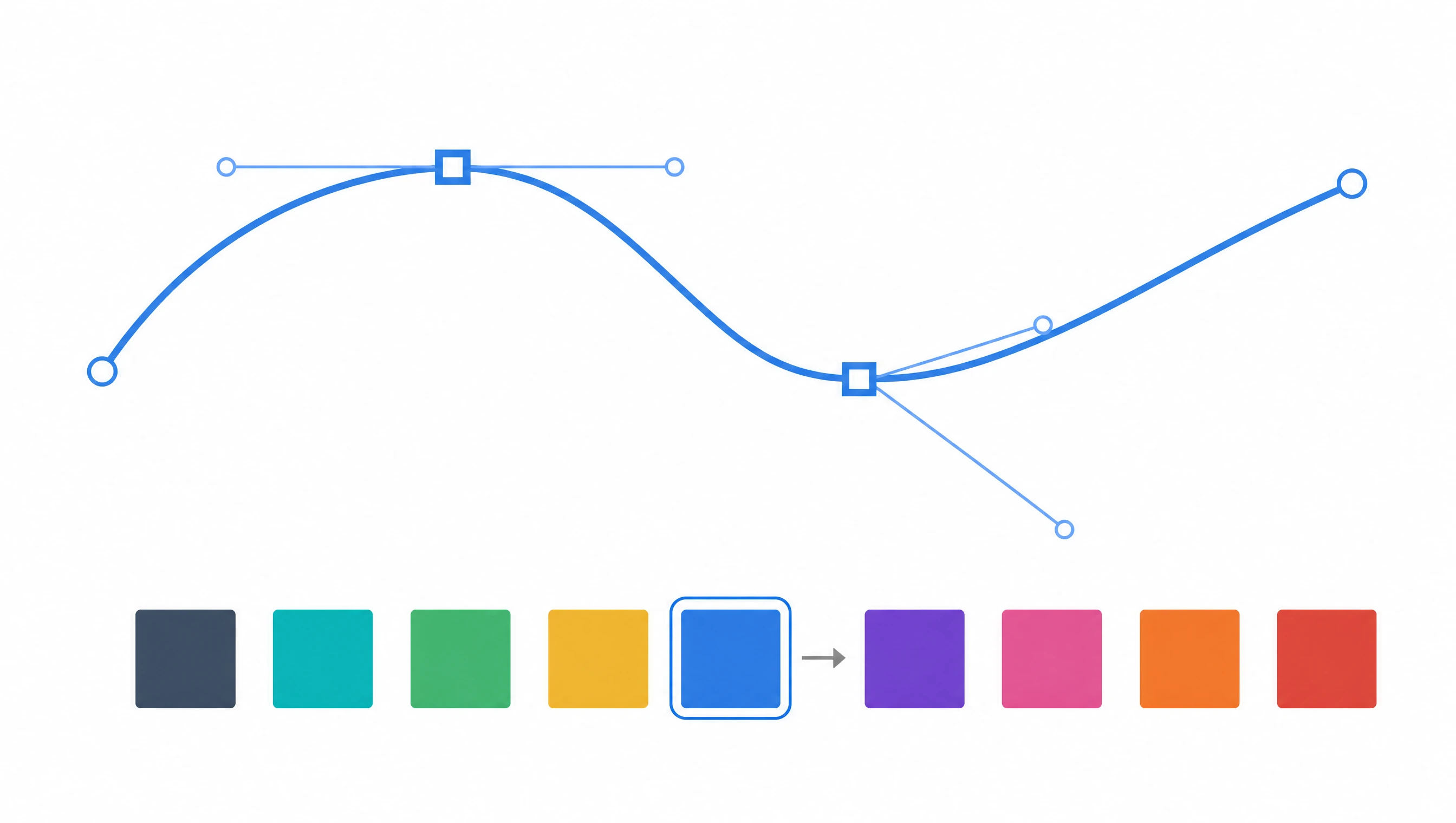 Close-up of an editable SVG path with anchor points and bezier handles being adjusted, next to a color swatch being swapped (Figure generated with SciFig)