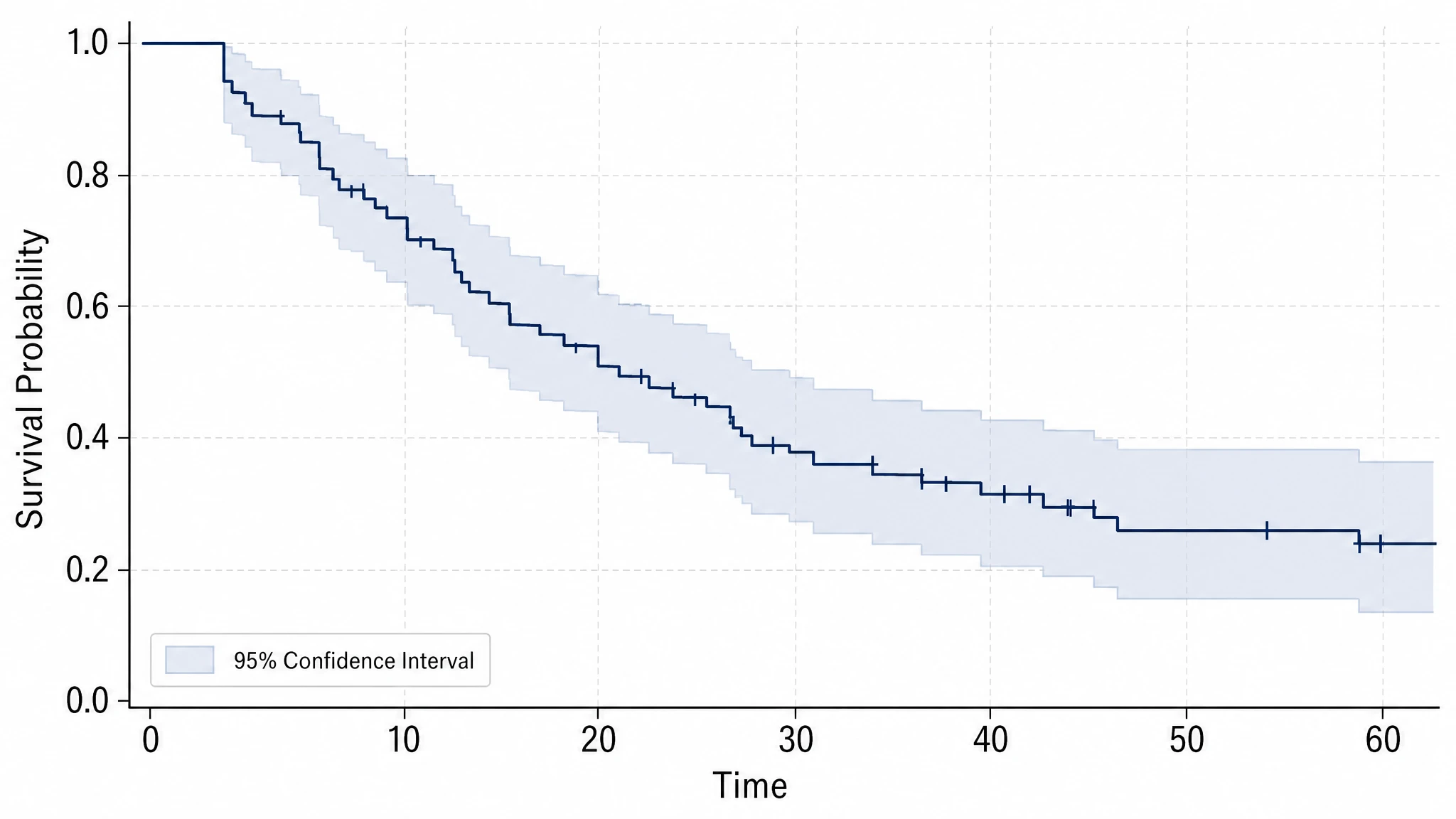 Single-group KM survival curve with stepwise drops and censoring marks (Figure generated with SciFig)