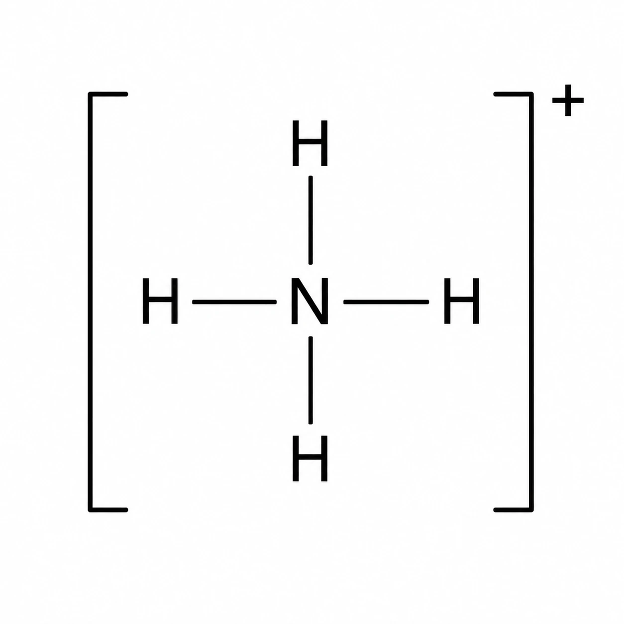 Lewis dot structure of ammonium ion with bracket notation and positive formal charge (Figure generated with SciFig)